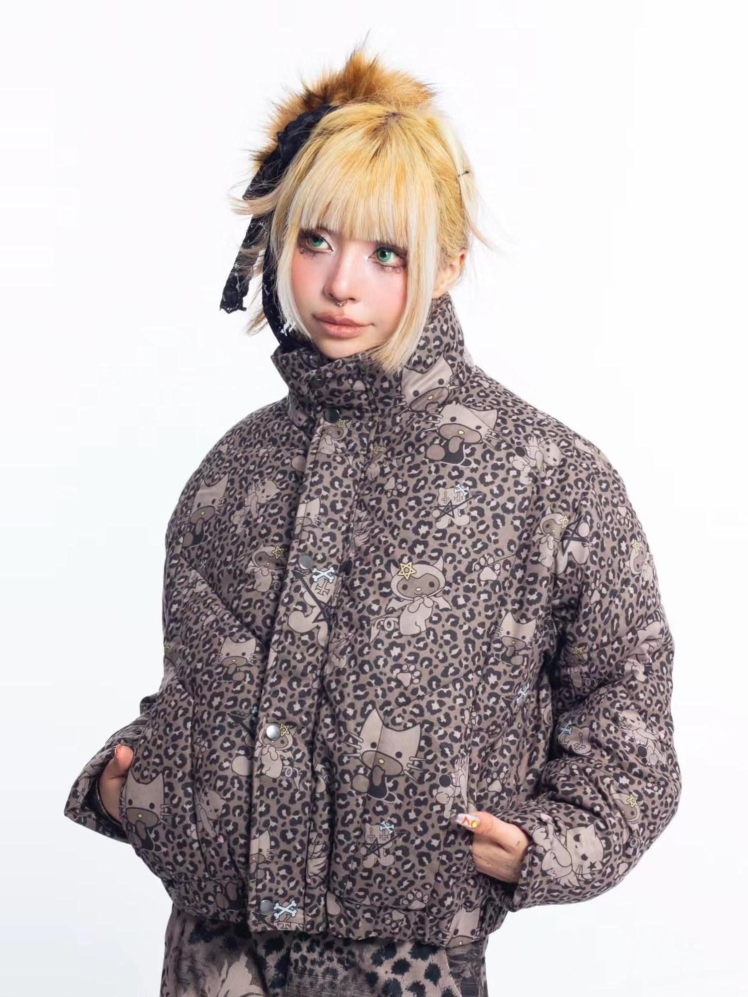 4RE1GN Leopard Cartoon Devil Cat Print High Collar Women's Cotton Puffer Jackets