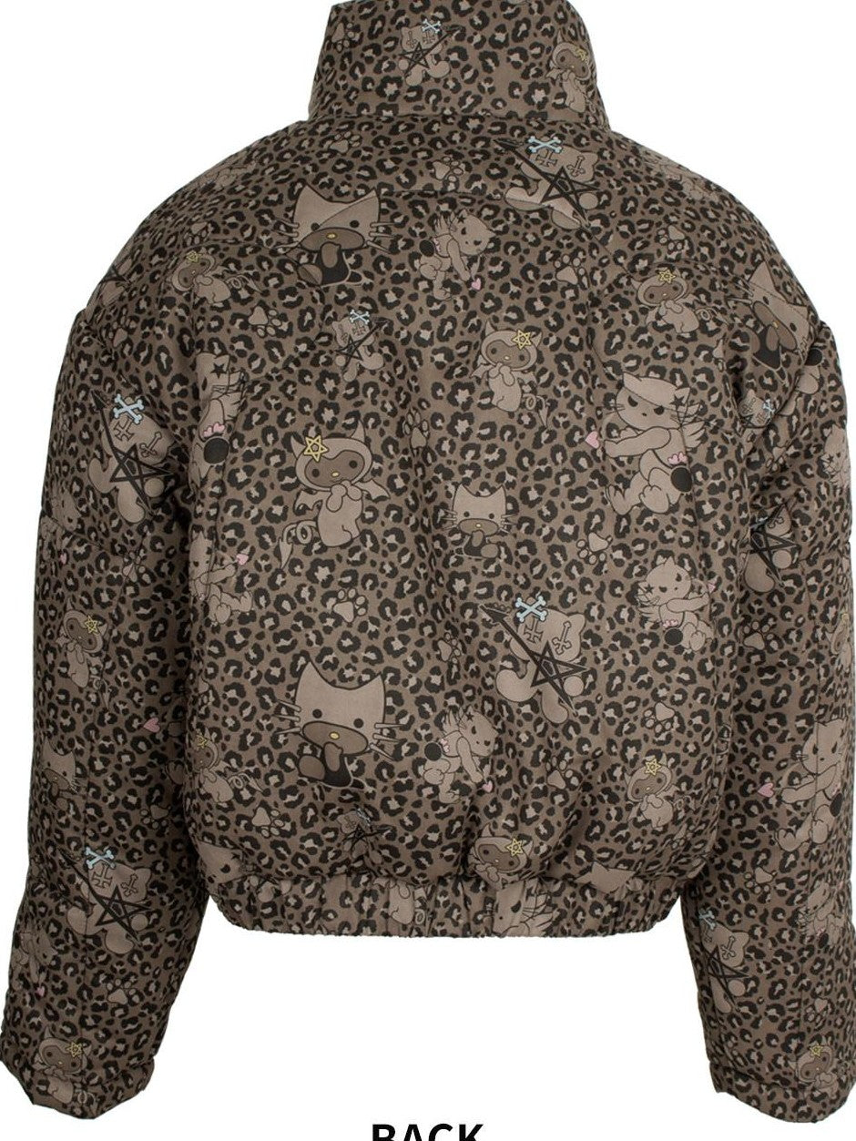 4RE1GN Leopard Cartoon Devil Cat Print High Collar Women's Cotton Puffer Jackets