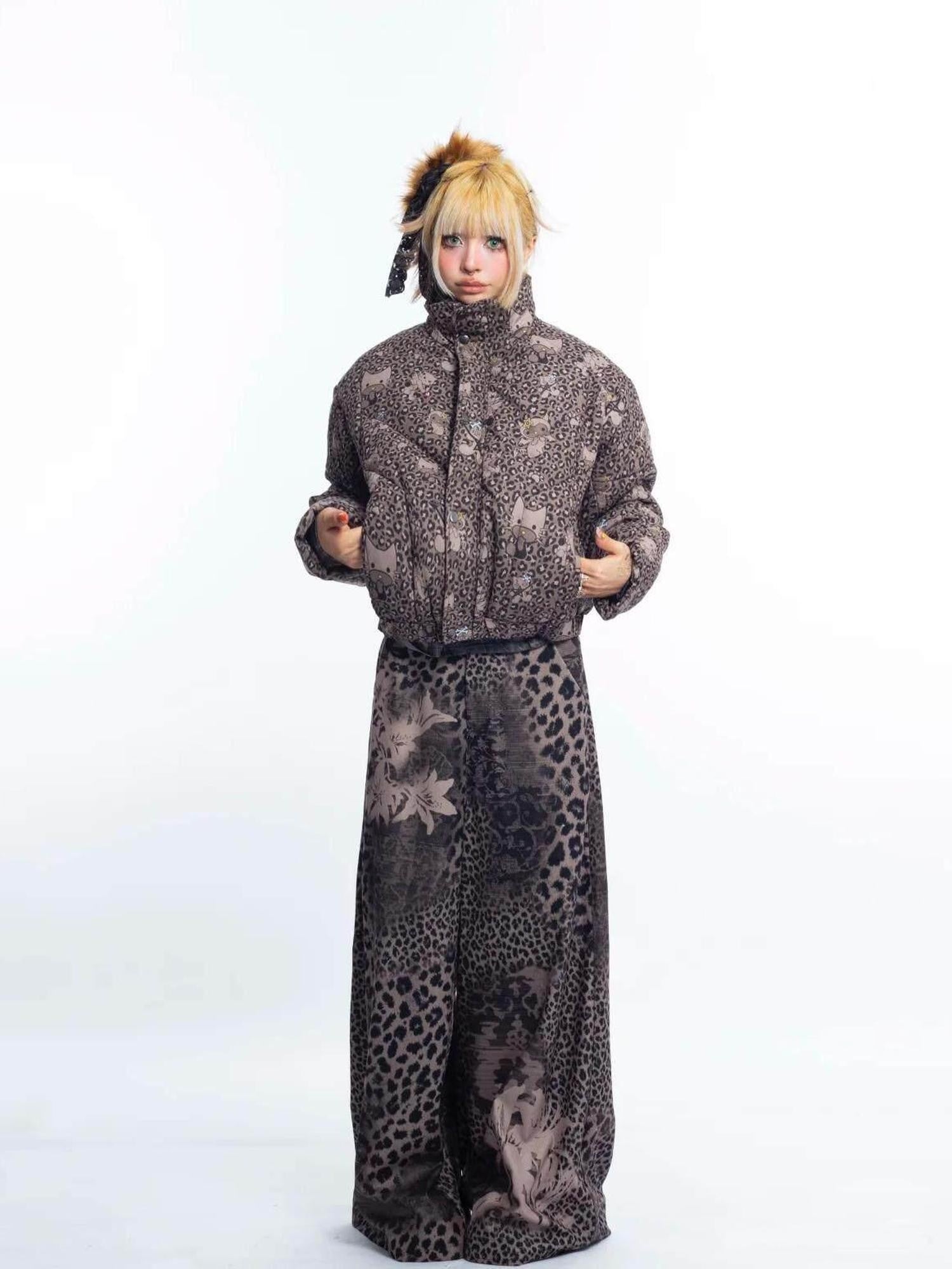 4RE1GN Leopard Cartoon Devil Cat Print High Collar Women's Cotton Puffer Jackets