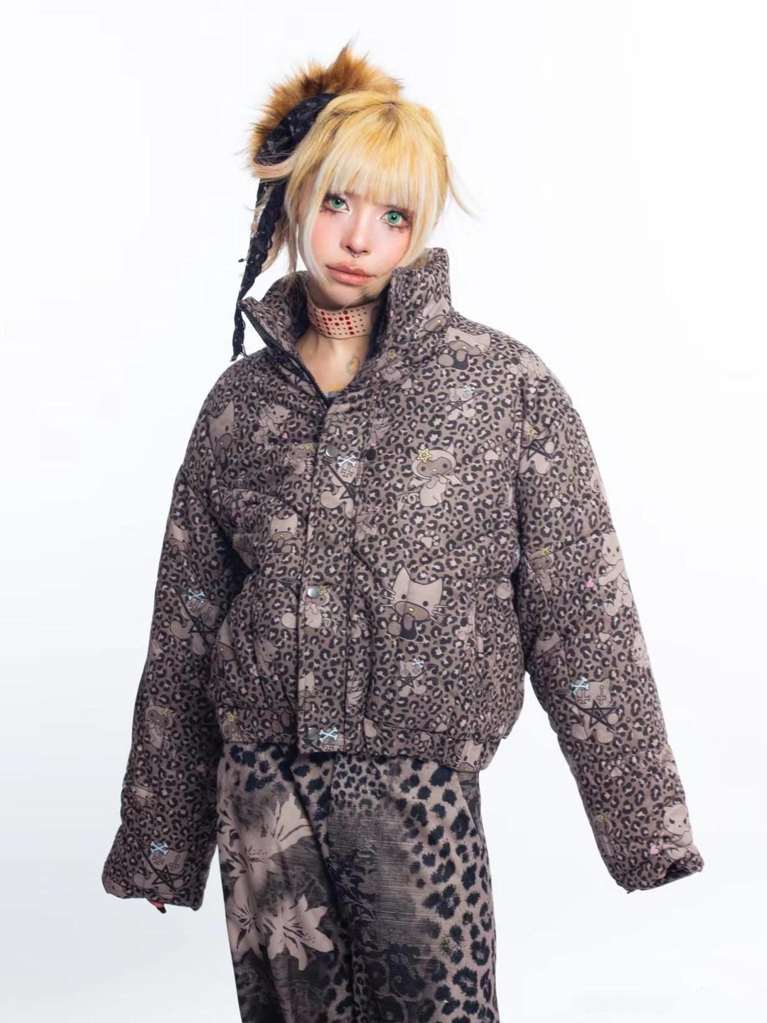 4RE1GN Leopard Cartoon Devil Cat Print High Collar Women's Cotton Puffer Jackets