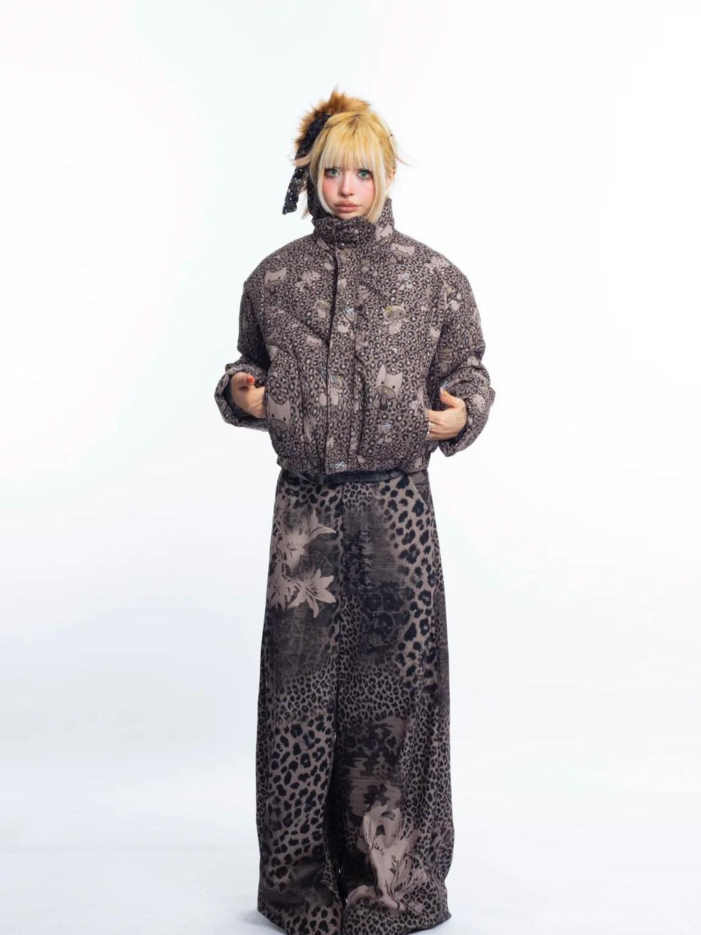 4RE1GN Leopard Cartoon Devil Cat Print High Collar Women's Cotton Puffer Jackets