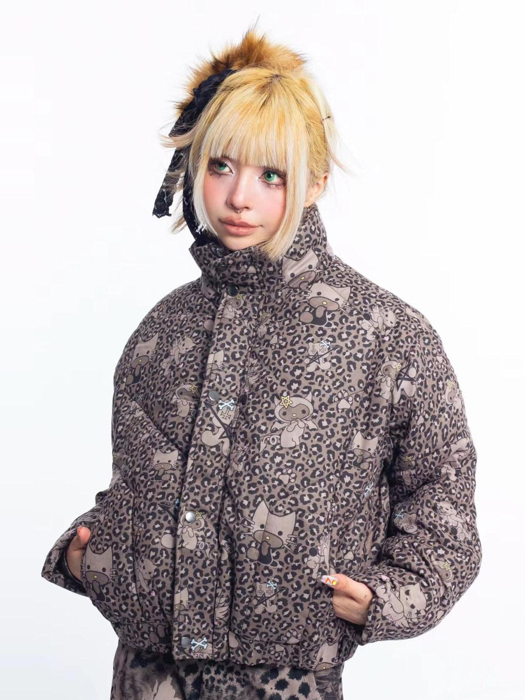 4RE1GN Leopard Cartoon Devil Cat Print High Collar Women's Cotton Puffer Jackets