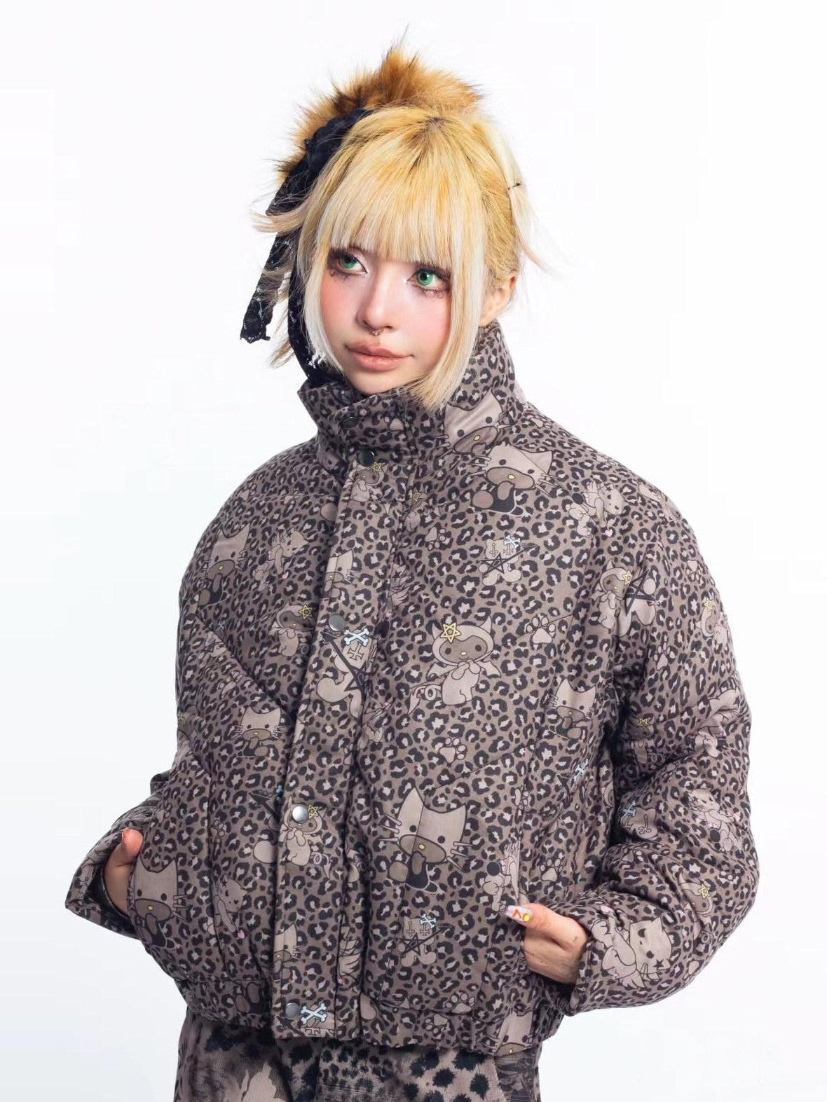 4RE1GN Leopard Cartoon Devil Cat Print High Collar Women's Cotton Puffer Jackets