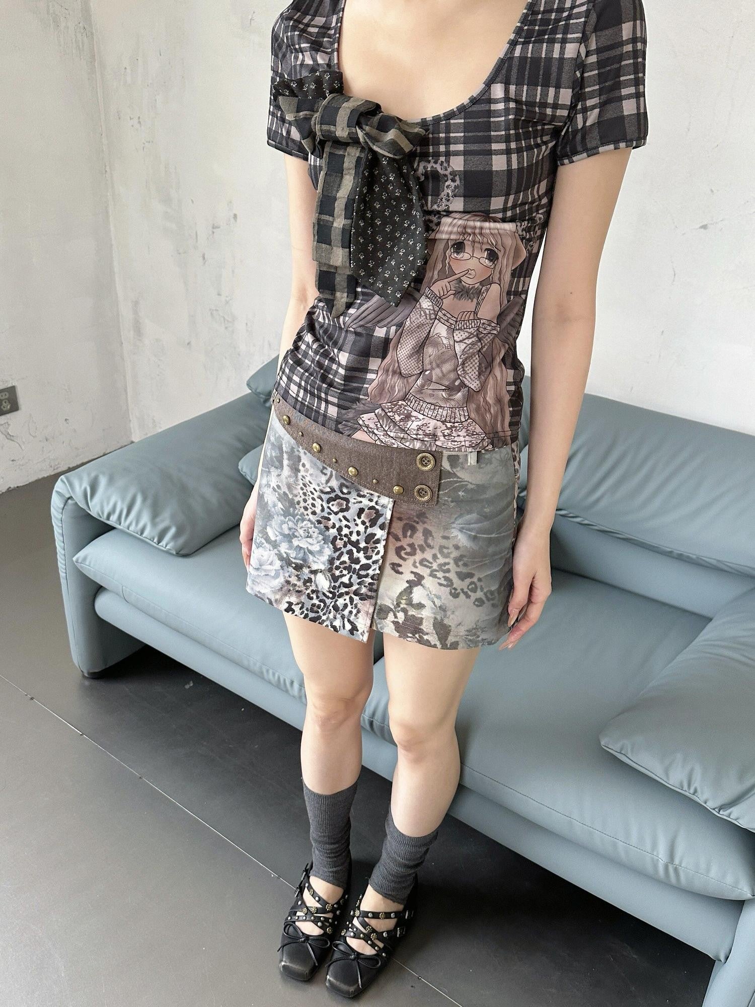 4RE1GN Leopard Floral Colorblock Studded Women's Polyester Cotton Mini Skirts