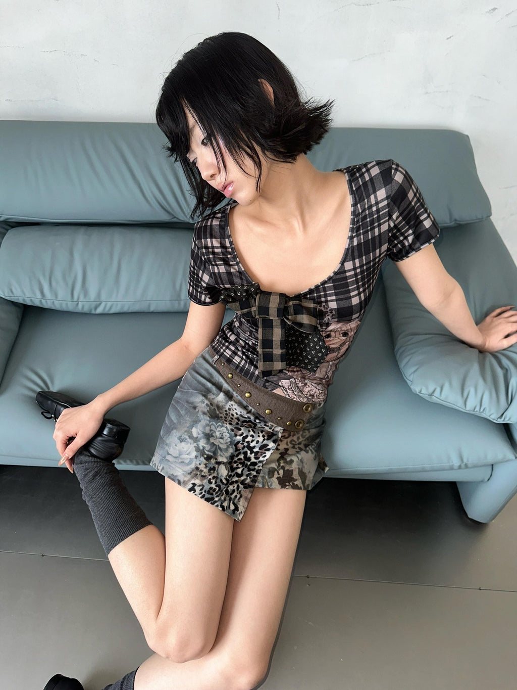 4RE1GN Leopard Floral Colorblock Studded Women's Polyester Cotton Mini Skirts