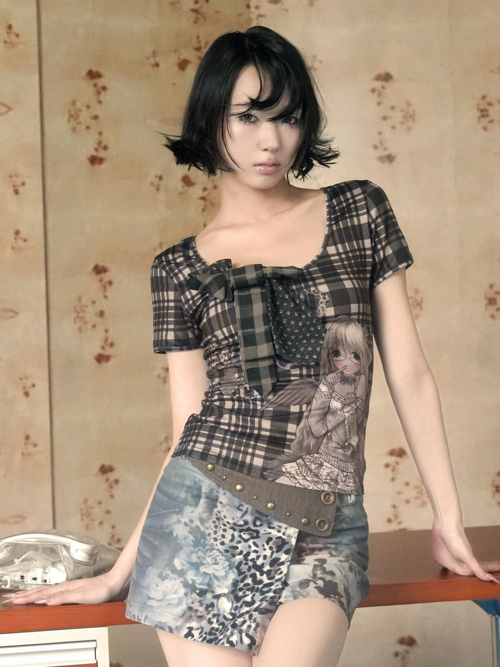 4RE1GN Leopard Floral Colorblock Studded Women's Polyester Cotton Mini Skirts