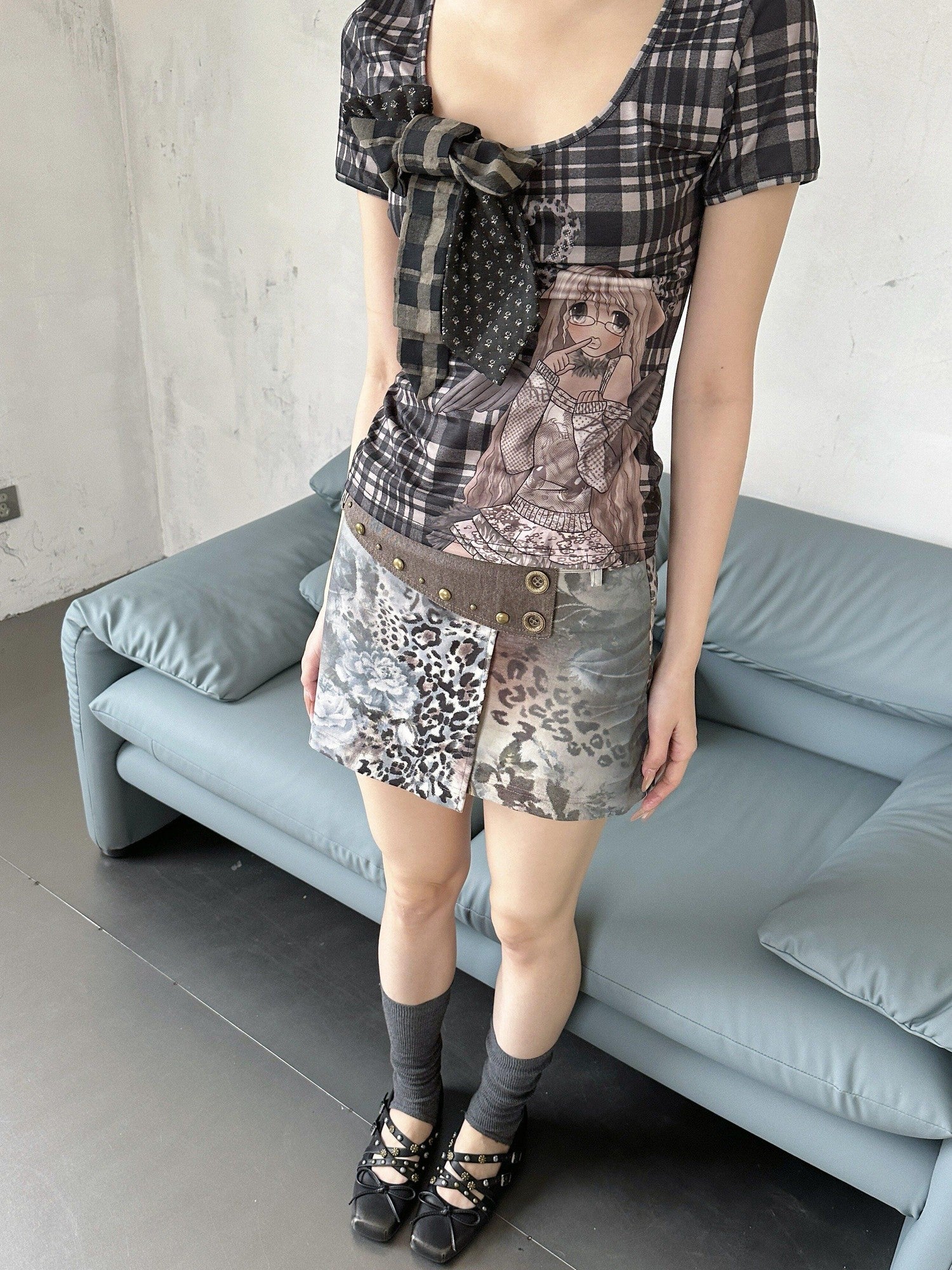 4RE1GN Leopard Floral Colorblock Studded Women's Polyester Cotton Mini Skirts