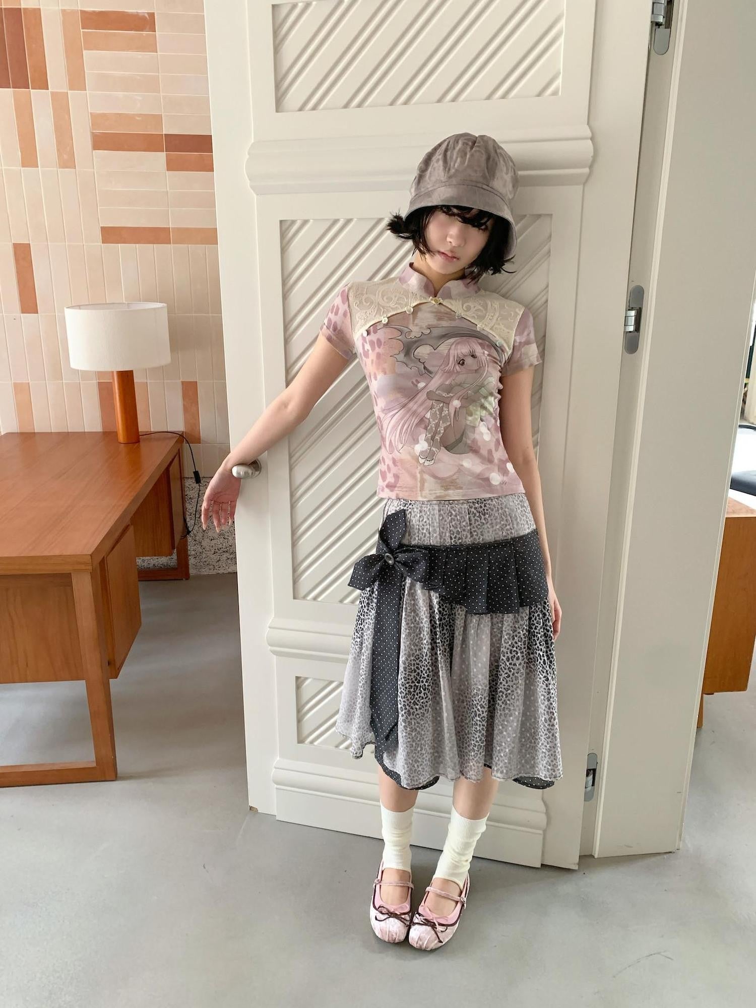 4RE1GN Leopard Floral Jacquard Patchwork Crisscross Tie Women's Polyester Midi Skirts