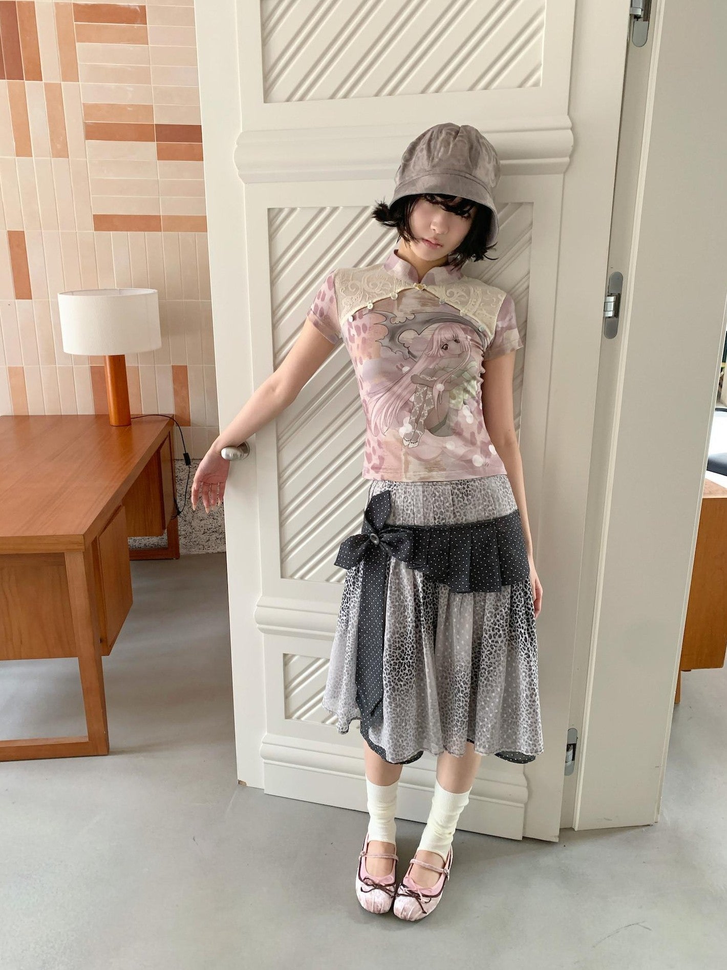 4RE1GN Leopard Floral Jacquard Patchwork Crisscross Tie Women's Polyester Midi Skirts