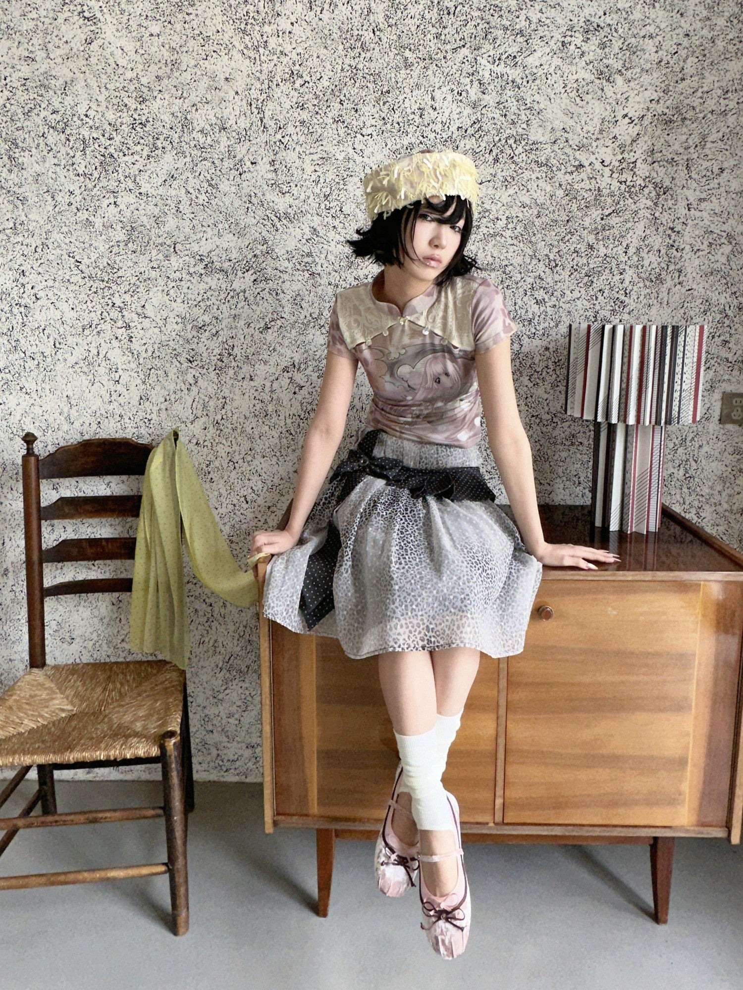 4RE1GN Leopard Floral Jacquard Patchwork Crisscross Tie Women's Polyester Midi Skirts