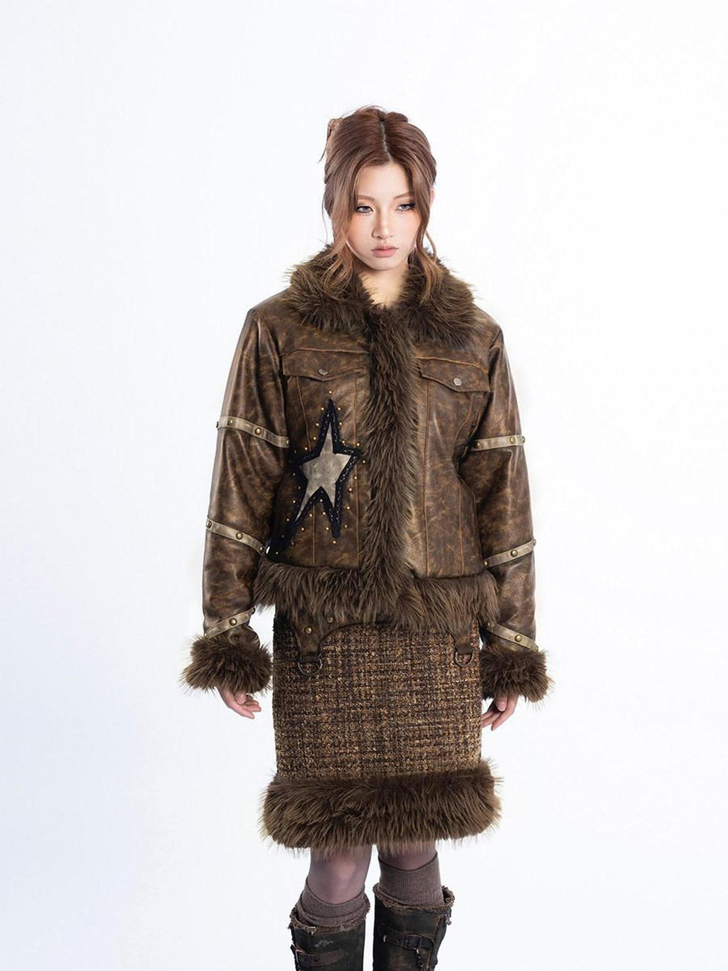 4RE1GN Multi Fabric Patchwork Textured Studded Women's Pu Faux Fur Midi Skirts