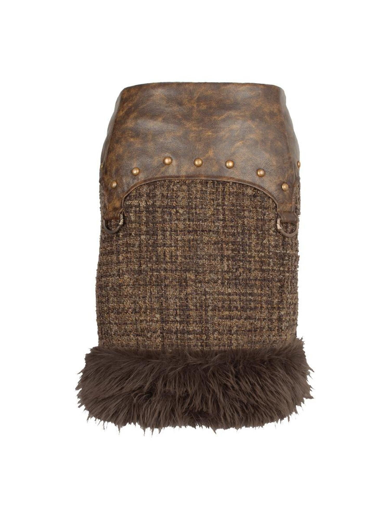 4RE1GN Multi Fabric Patchwork Textured Studded Women's Pu Faux Fur Midi Skirts