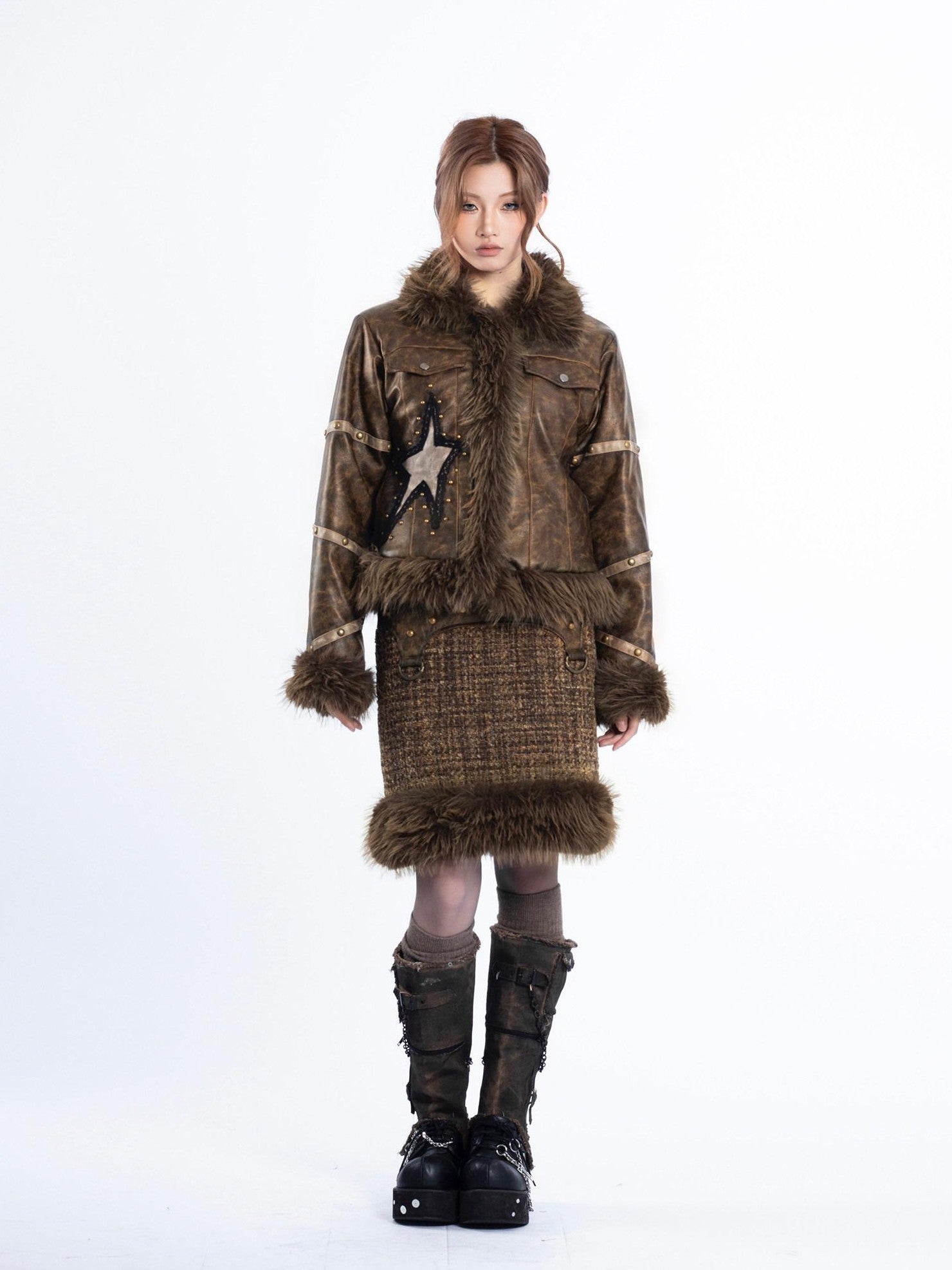 4RE1GN Multi Fabric Patchwork Textured Studded Women's Pu Faux Fur Midi Skirts