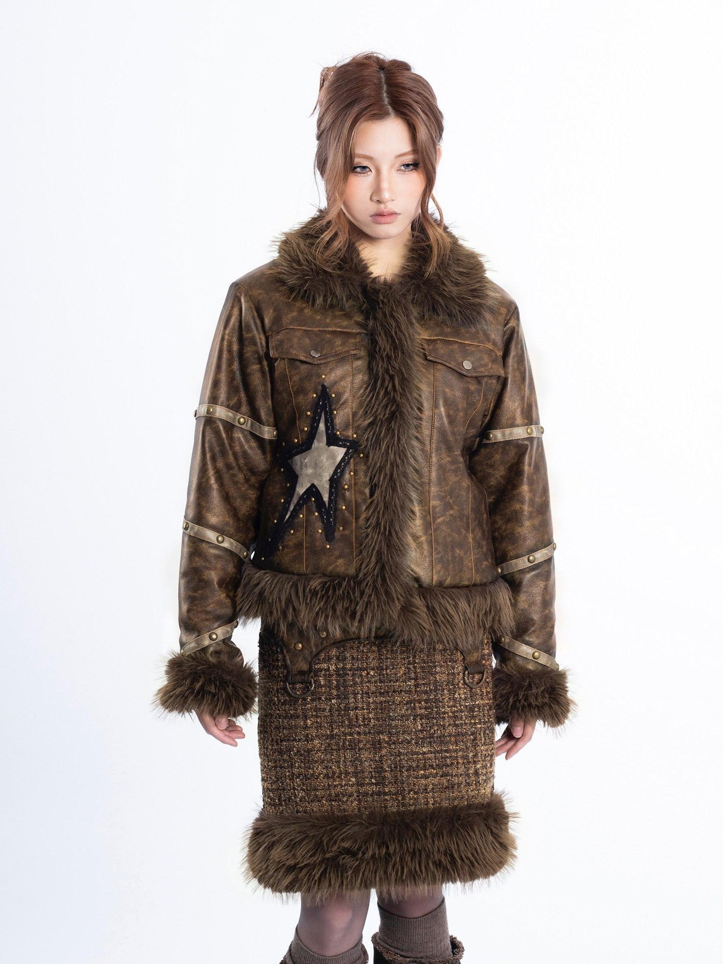 4RE1GN Multi Fabric Patchwork Textured Studded Women's Pu Faux Fur Midi Skirts