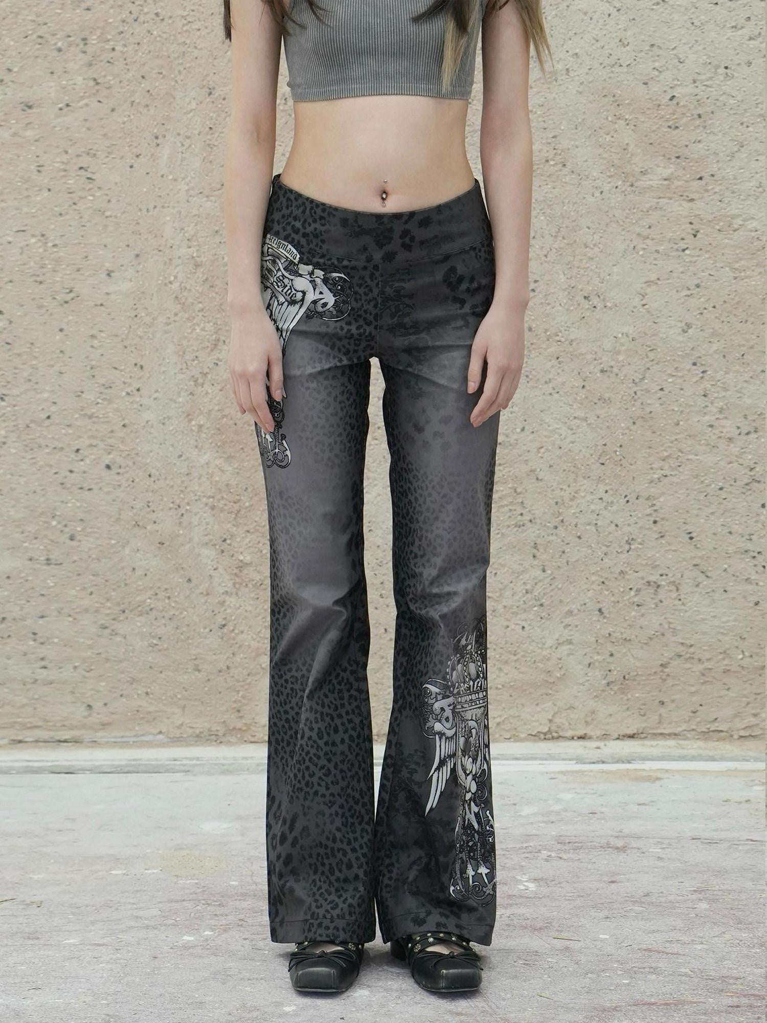 4RE1GN Panther Leopard Badge Print Vintage Women's Polyester Corduroy Bootcut Pants