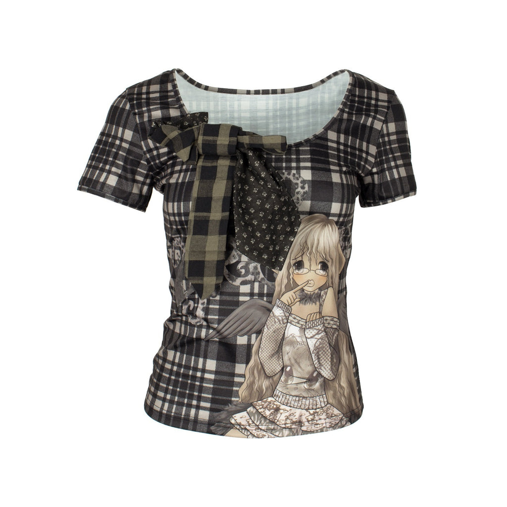 4RE1GN_Patchwork_Tie_Bow_Plaid_Cartoon_Print_Women's_Polyester_Short_Sleeve_T-shirts_1044553368641_MISSTT