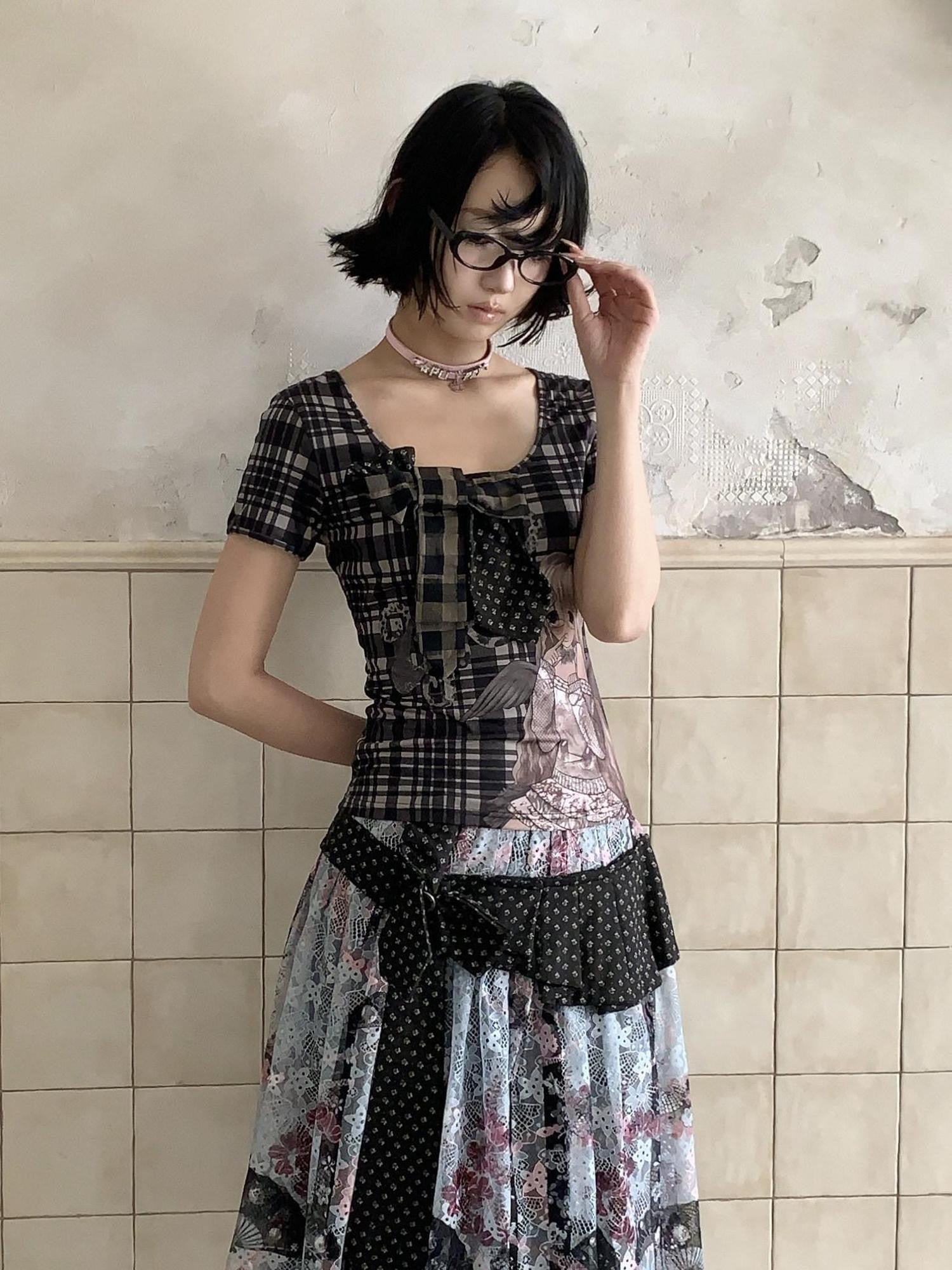 4RE1GN Patchwork Tie Bow Plaid Cartoon Print Women's Polyester Short Sleeve T-shirts