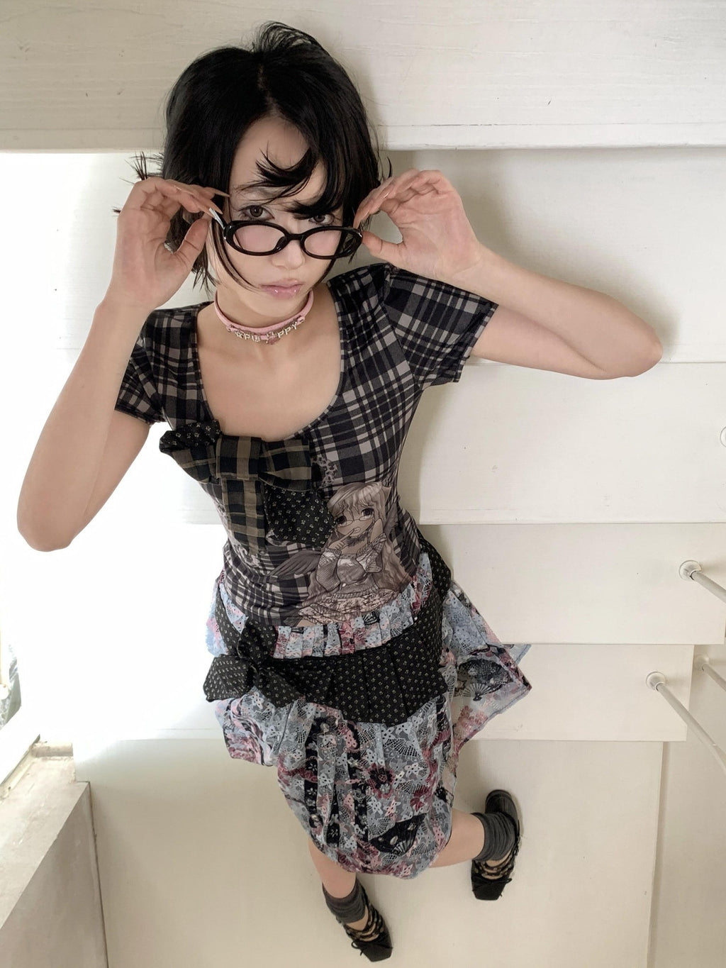 4RE1GN Patchwork Tie Bow Plaid Cartoon Print Women's Polyester Short Sleeve T-shirts