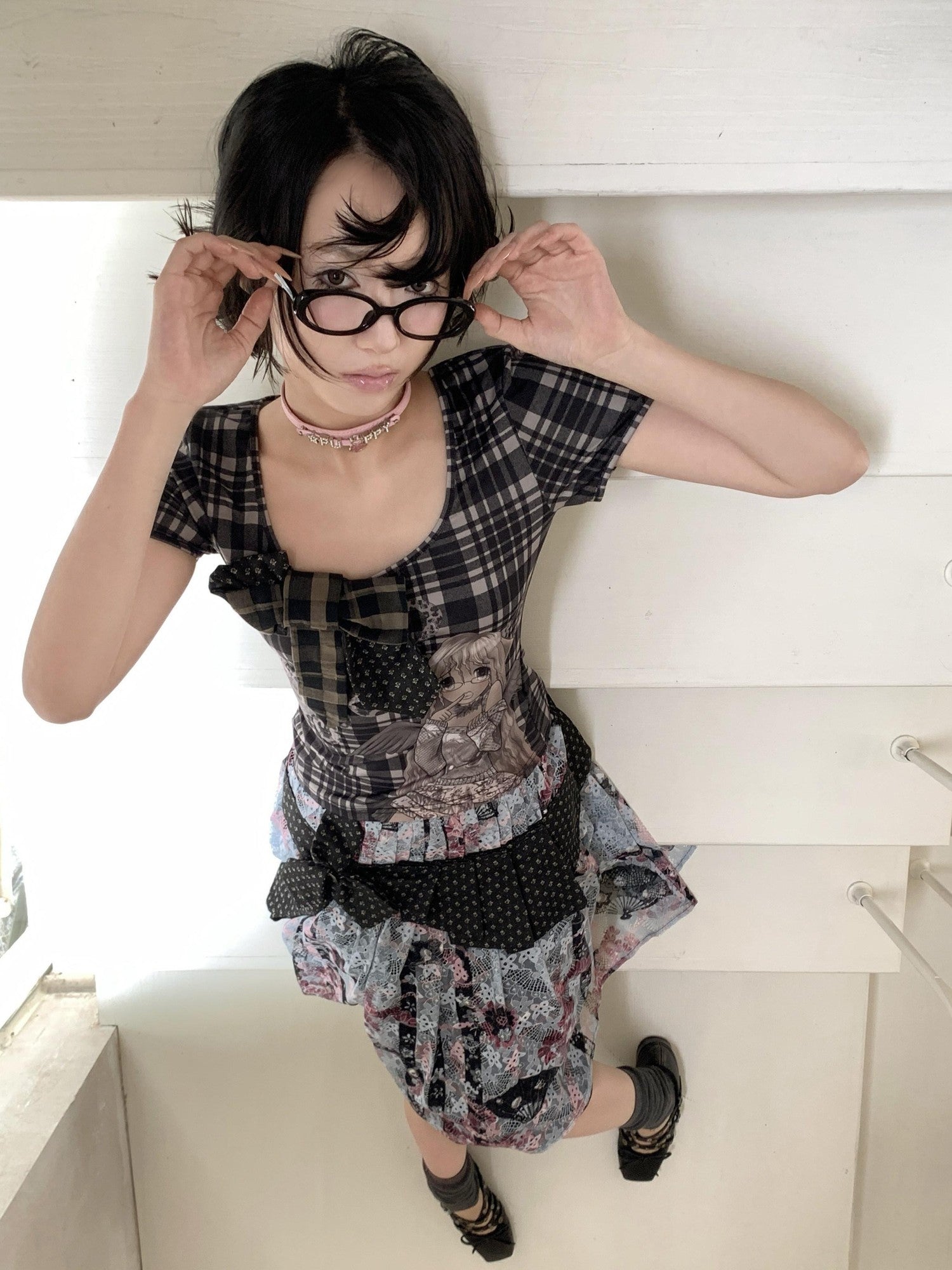 4RE1GN Patchwork Tie Bow Plaid Cartoon Print Women's Polyester Short Sleeve T-shirts