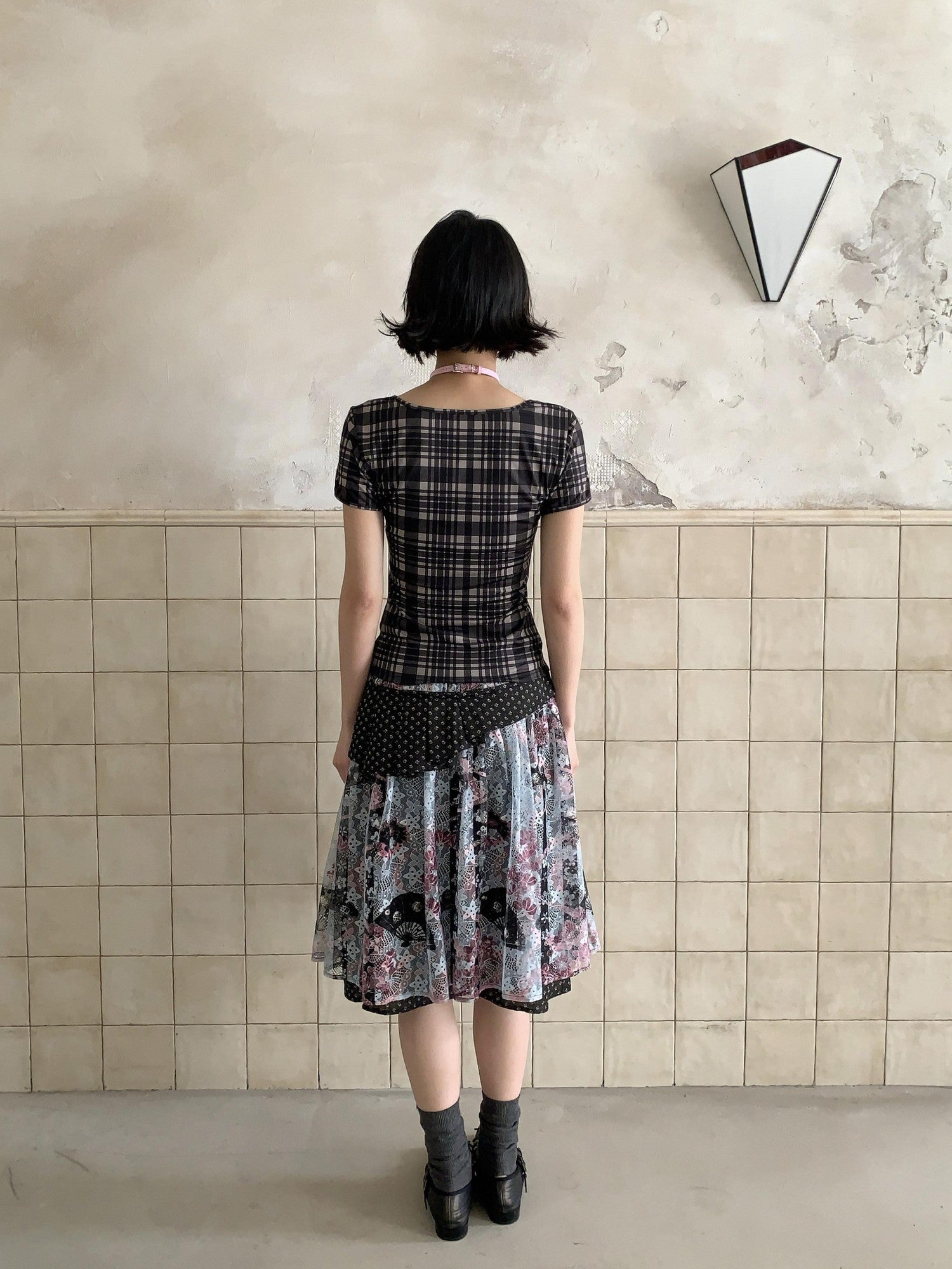 4RE1GN Patchwork Tie Bow Plaid Cartoon Print Women's Polyester Short Sleeve T-shirts