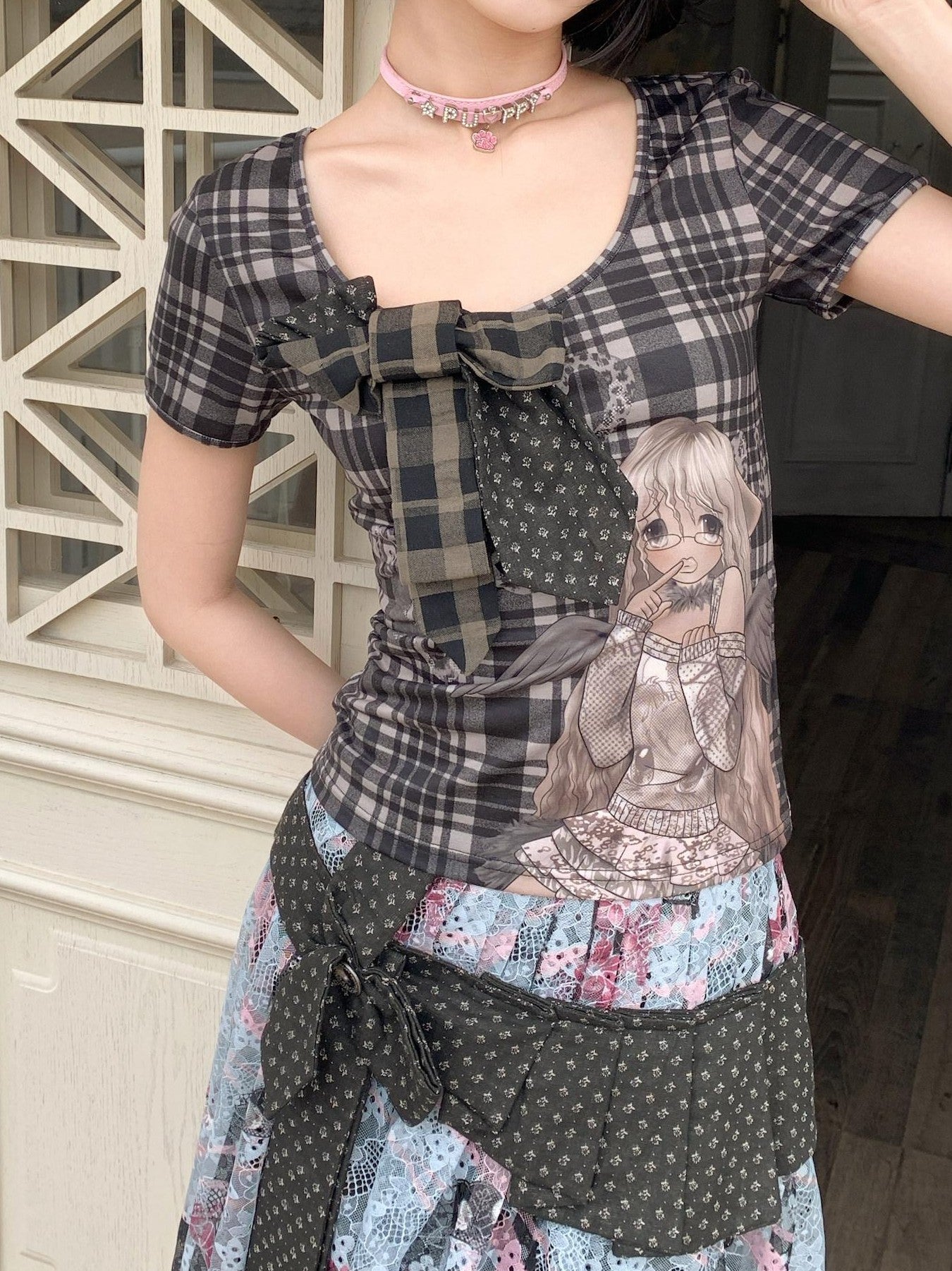 4RE1GN Patchwork Tie Bow Plaid Cartoon Print Women's Polyester Short Sleeve T-shirts