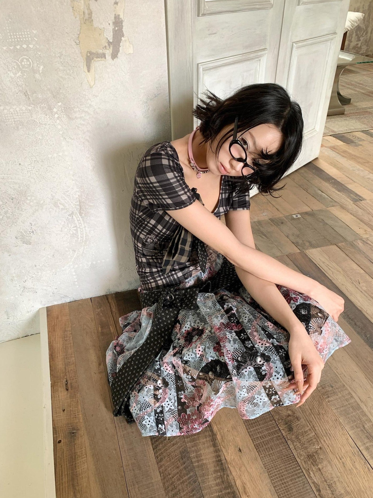 4RE1GN Patchwork Tie Bow Plaid Cartoon Print Women's Polyester Short Sleeve T-shirts