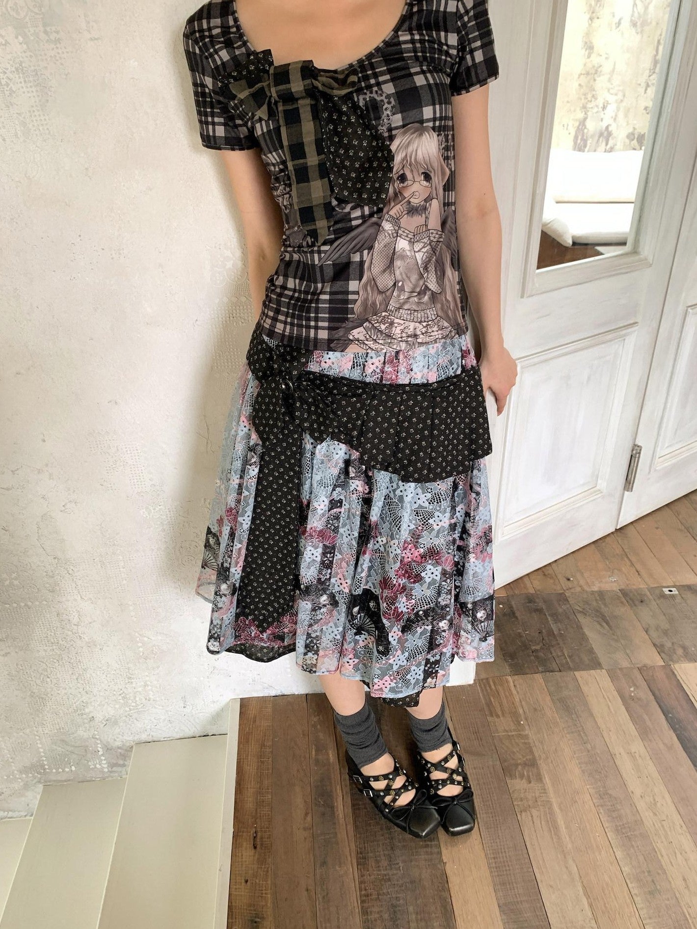 4RE1GN Patchwork Tie Bow Plaid Cartoon Print Women's Polyester Short Sleeve T-shirts