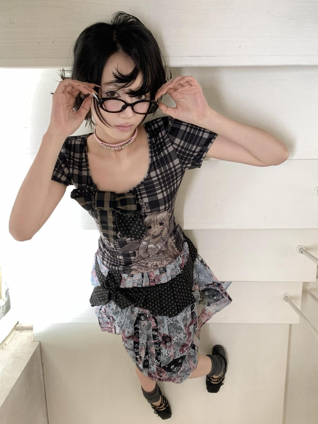 4RE1GN Patchwork Tie Bow Plaid Cartoon Print Women's Polyester Short Sleeve T-shirts