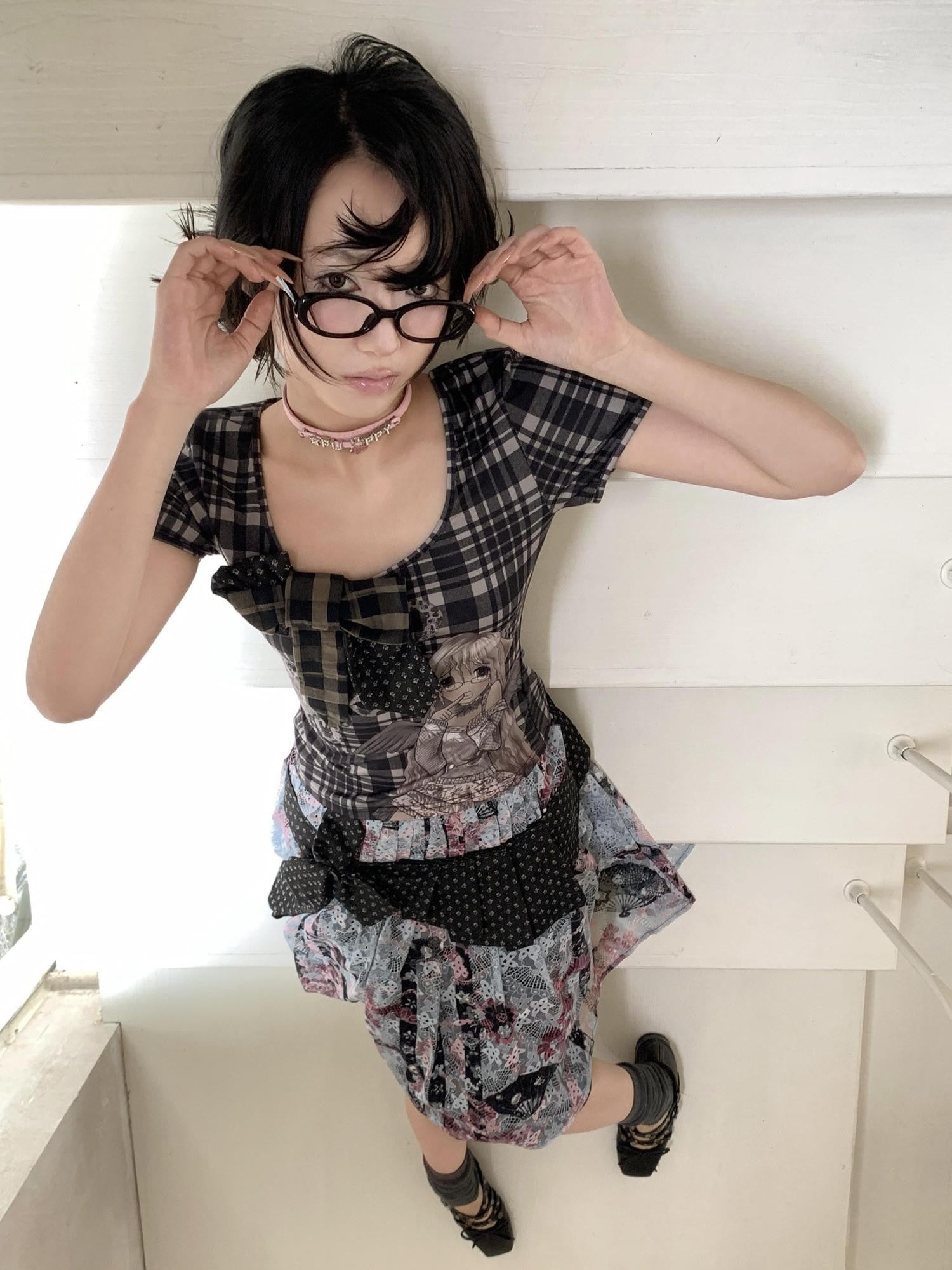 4RE1GN Patchwork Tie Bow Plaid Cartoon Print Women's Polyester Short Sleeve T-shirts