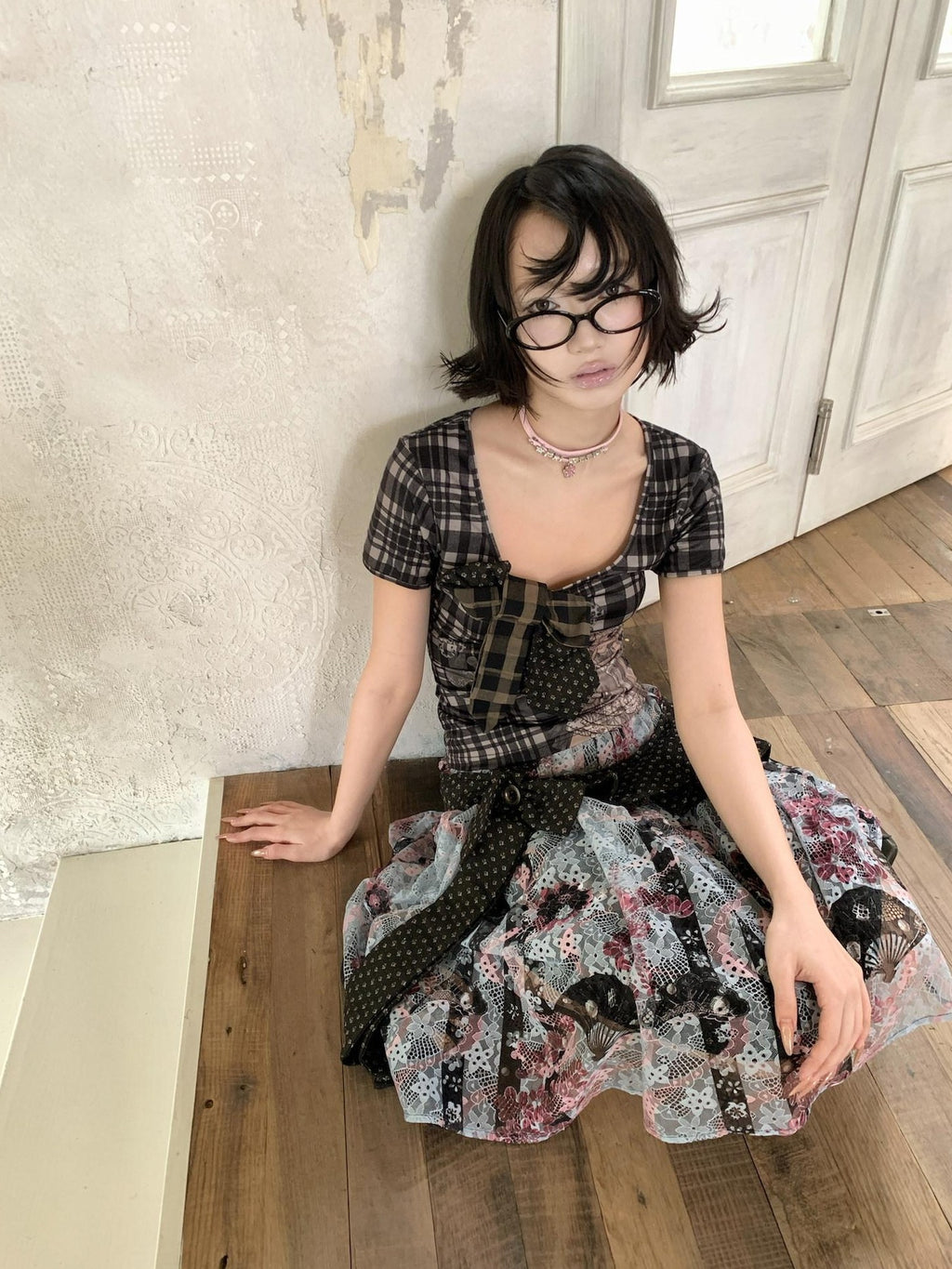 4RE1GN Patchwork Tie Bow Plaid Cartoon Print Women's Polyester Short Sleeve T-shirts