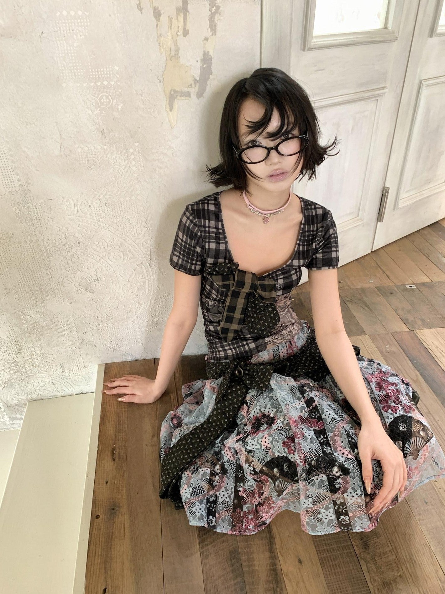 4RE1GN Patchwork Tie Bow Plaid Cartoon Print Women's Polyester Short Sleeve T-shirts