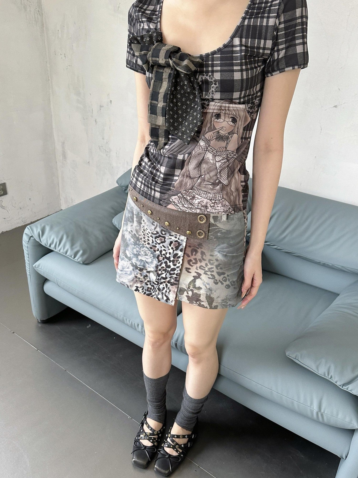 4RE1GN Patchwork Tie Bow Plaid Cartoon Print Women's Polyester Short Sleeve T-shirts