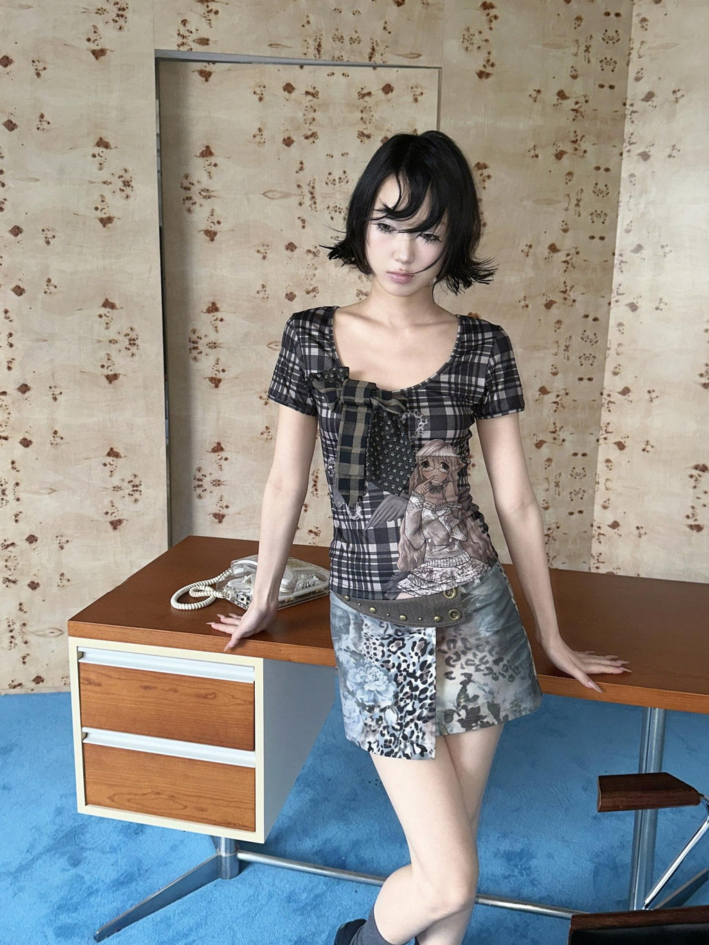 4RE1GN Patchwork Tie Bow Plaid Cartoon Print Women's Polyester Short Sleeve T-shirts