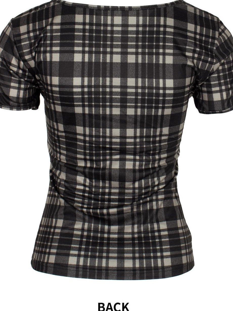 4RE1GN Patchwork Tie Bow Plaid Cartoon Print Women's Polyester Short Sleeve T-shirts