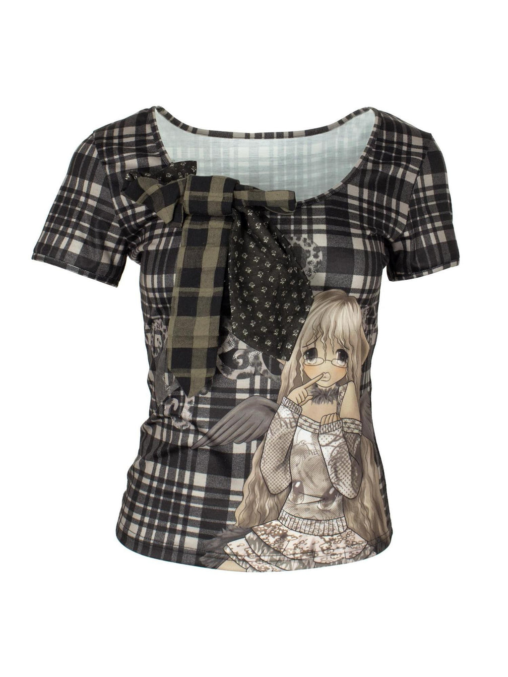 4RE1GN Patchwork Tie Bow Plaid Cartoon Print Women's Polyester Short Sleeve T-shirts
