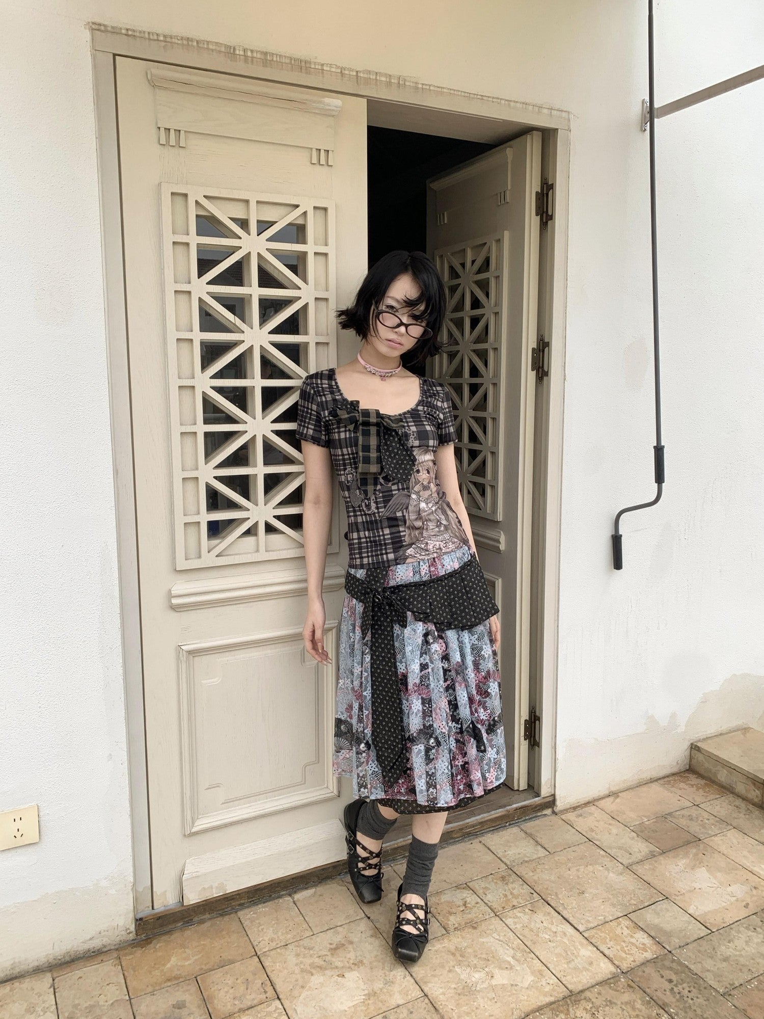 4RE1GN Patchwork Tie Bow Plaid Cartoon Print Women's Polyester Short Sleeve T-shirts