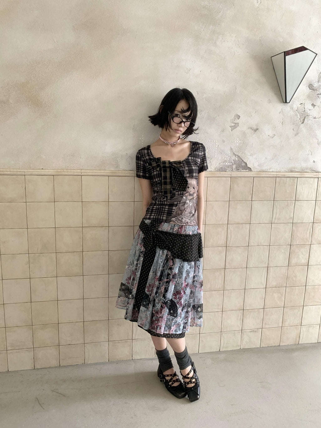 4RE1GN Patchwork Tie Bow Plaid Cartoon Print Women's Polyester Short Sleeve T-shirts