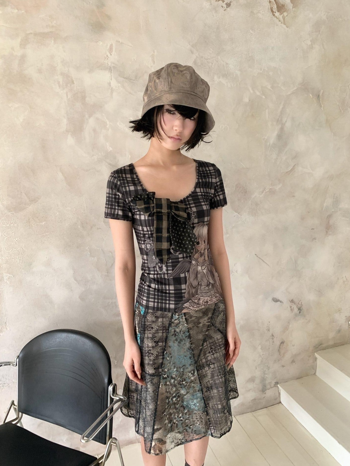 4RE1GN Patchwork Tie Bow Plaid Cartoon Print Women's Polyester Short Sleeve T-shirts