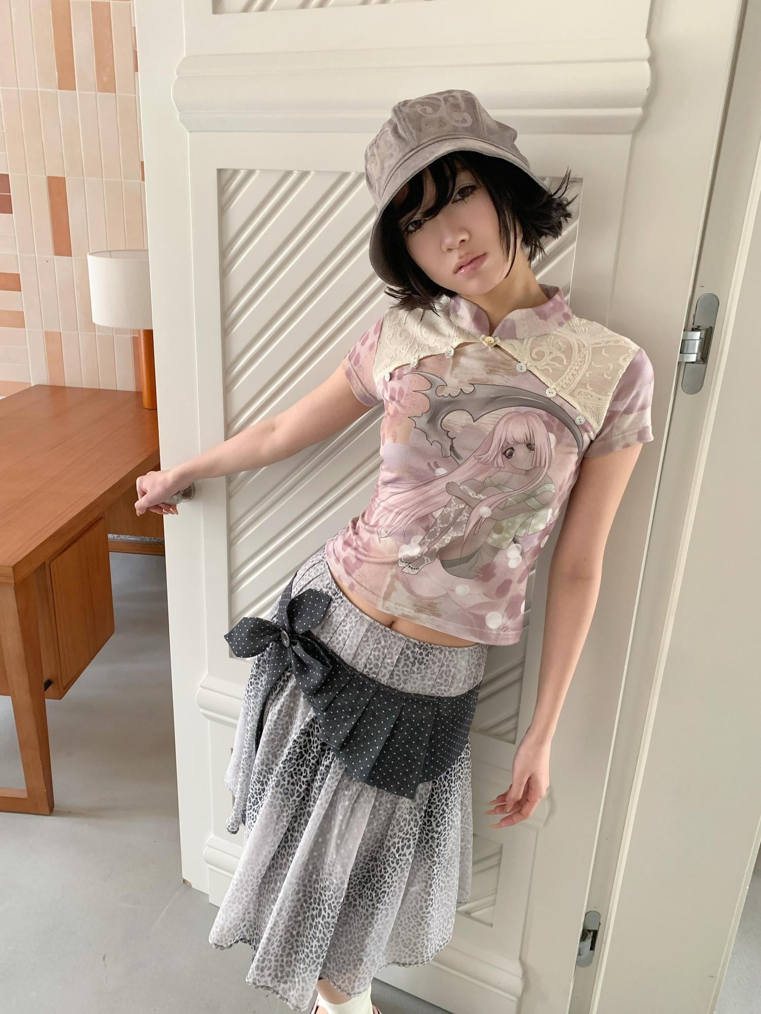 4RE1GN Pink Death Girl Lace Splice Qipao Collar Women's Polyester Short Sleeve T-shirts