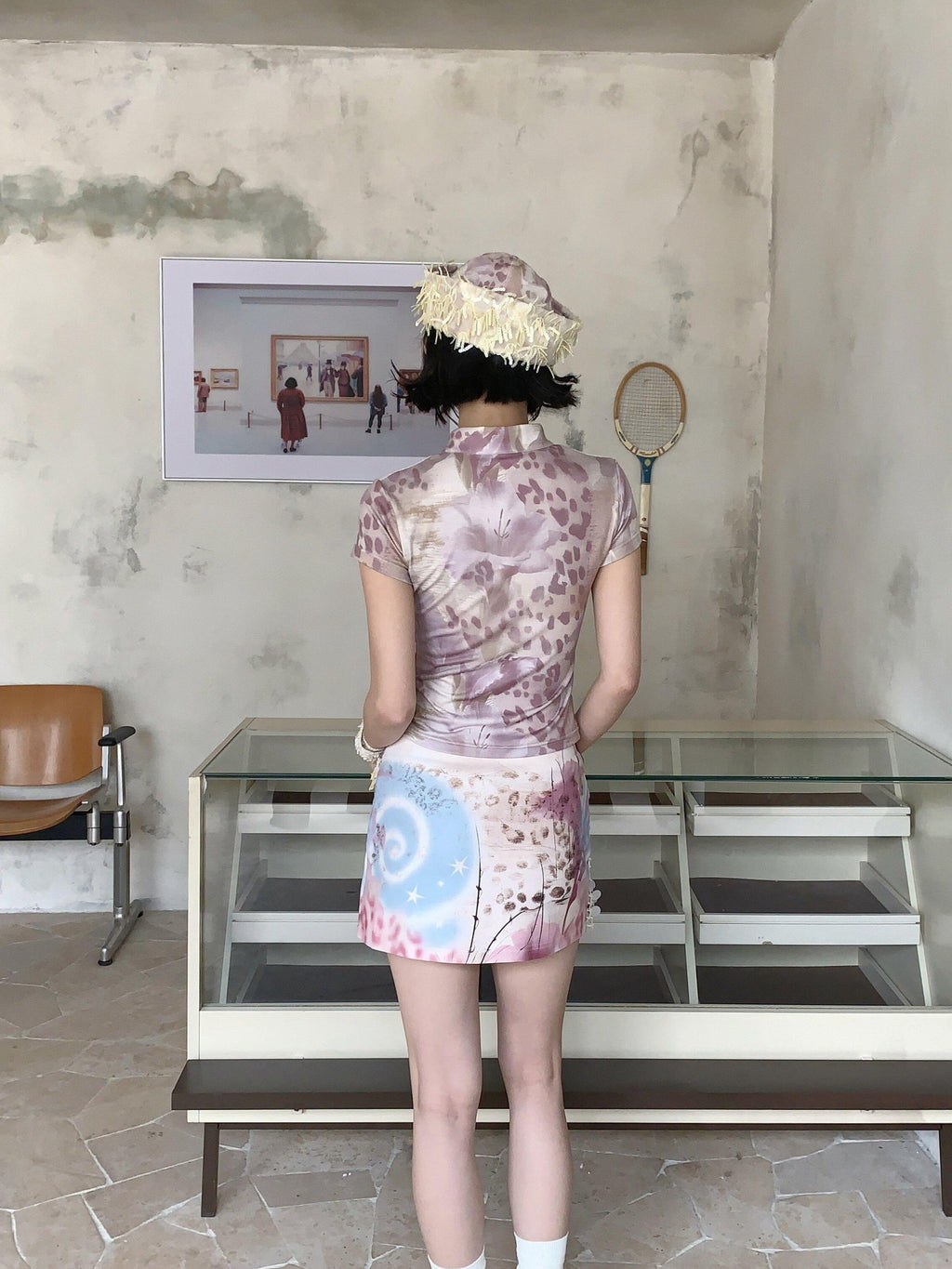 4RE1GN Pink Death Girl Lace Splice Qipao Collar Women's Polyester Short Sleeve T-shirts