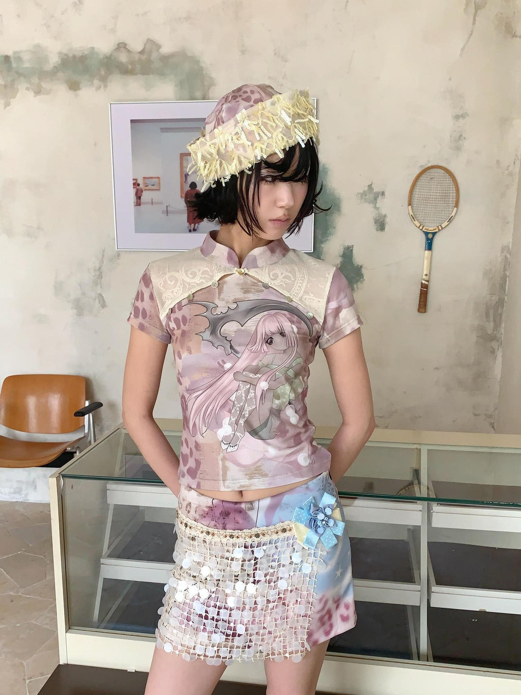 4RE1GN Pink Death Girl Lace Splice Qipao Collar Women's Polyester Short Sleeve T-shirts