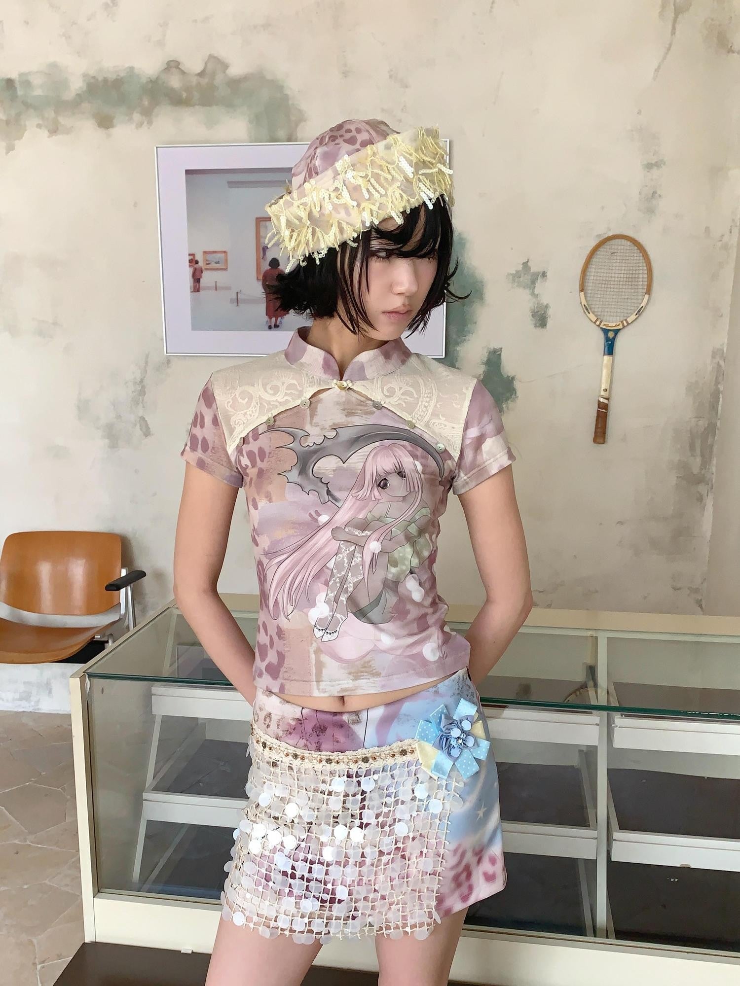 4RE1GN Pink Death Girl Lace Splice Qipao Collar Women's Polyester Short Sleeve T-shirts