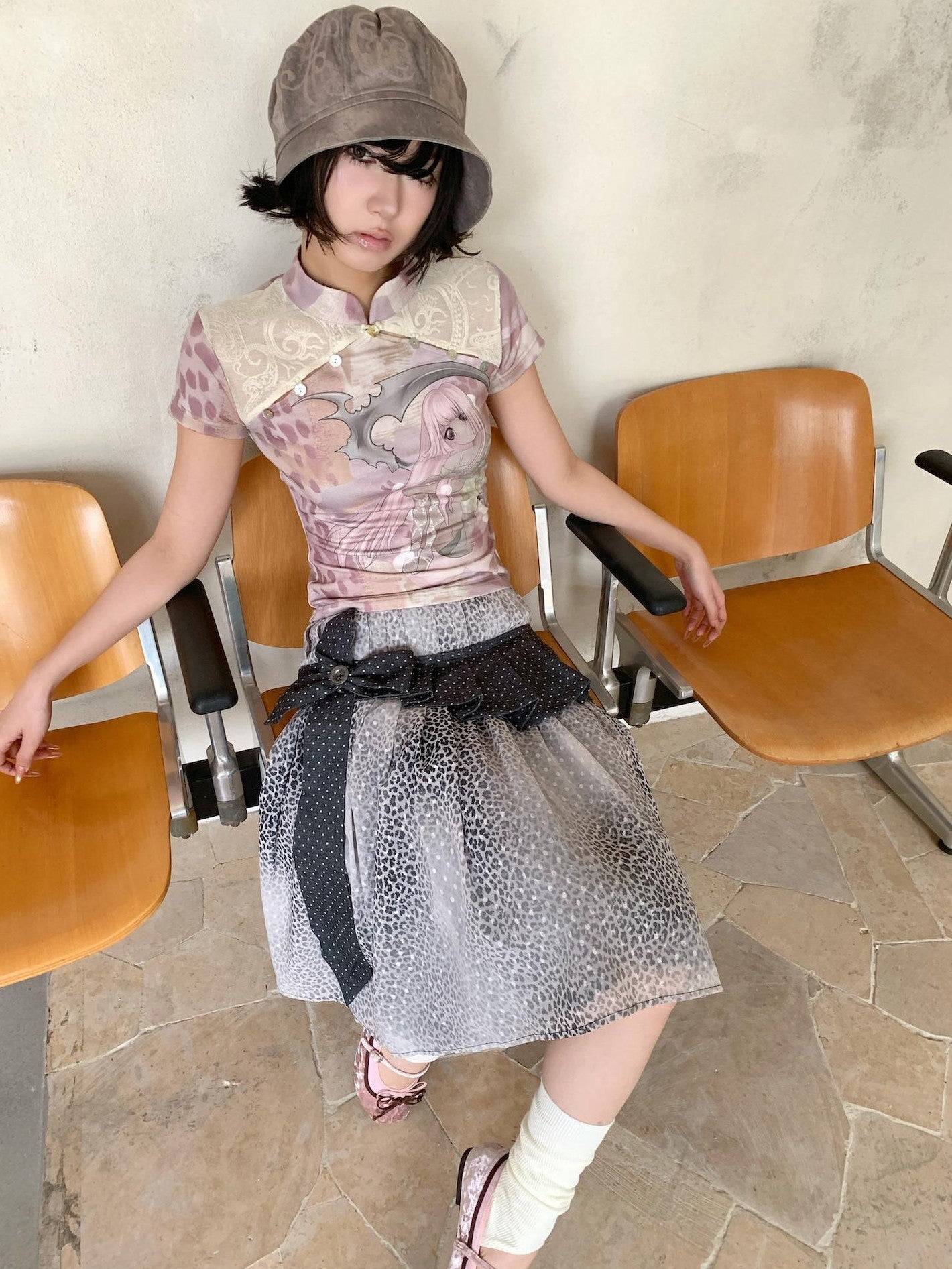 4RE1GN Pink Death Girl Lace Splice Qipao Collar Women's Polyester Short Sleeve T-shirts