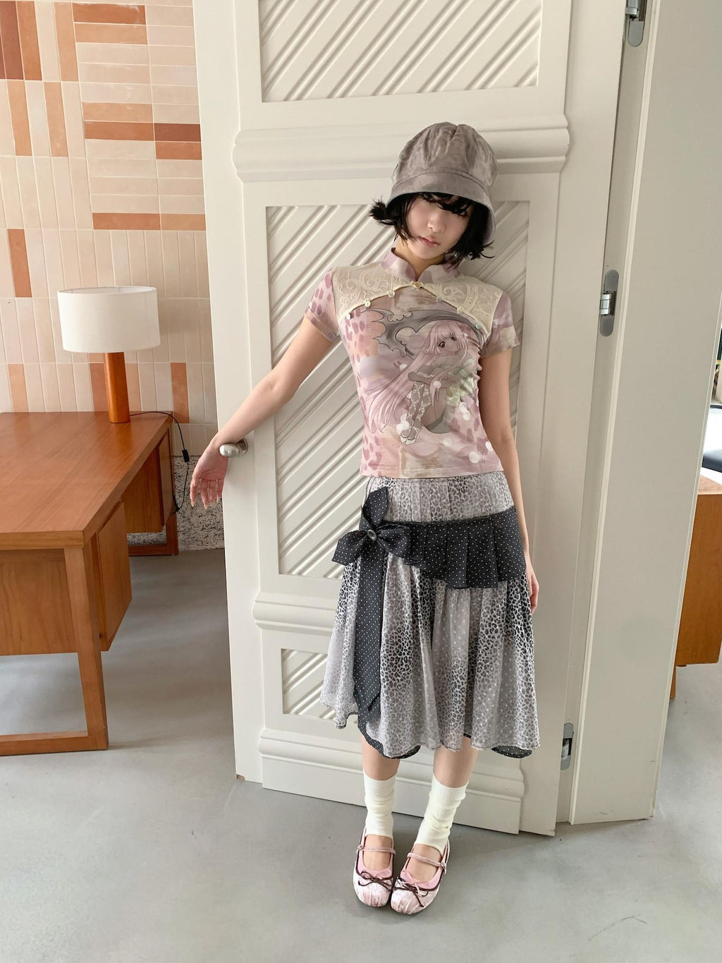 4RE1GN Pink Death Girl Lace Splice Qipao Collar Women's Polyester Short Sleeve T-shirts