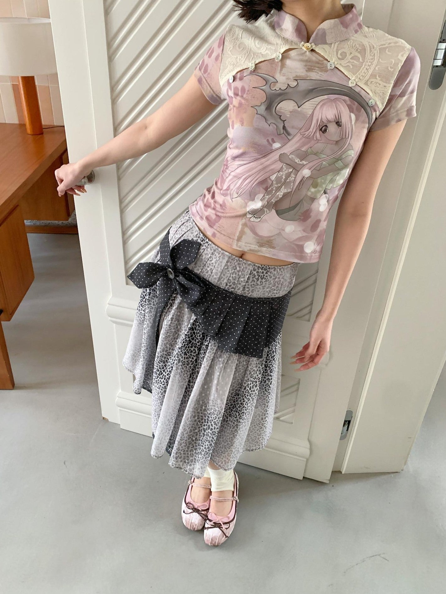 4RE1GN Pink Death Girl Lace Splice Qipao Collar Women's Polyester Short Sleeve T-shirts