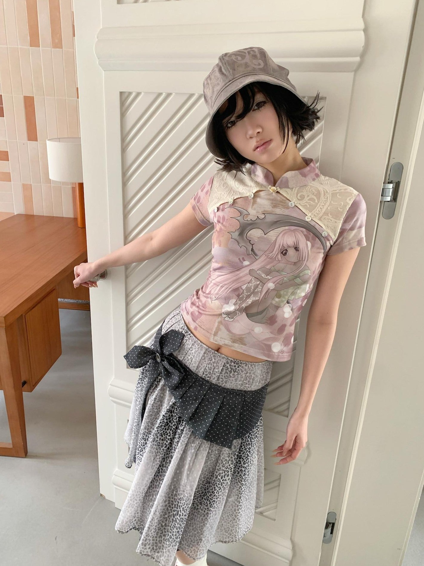 4RE1GN Pink Death Girl Lace Splice Qipao Collar Women's Polyester Short Sleeve T-shirts