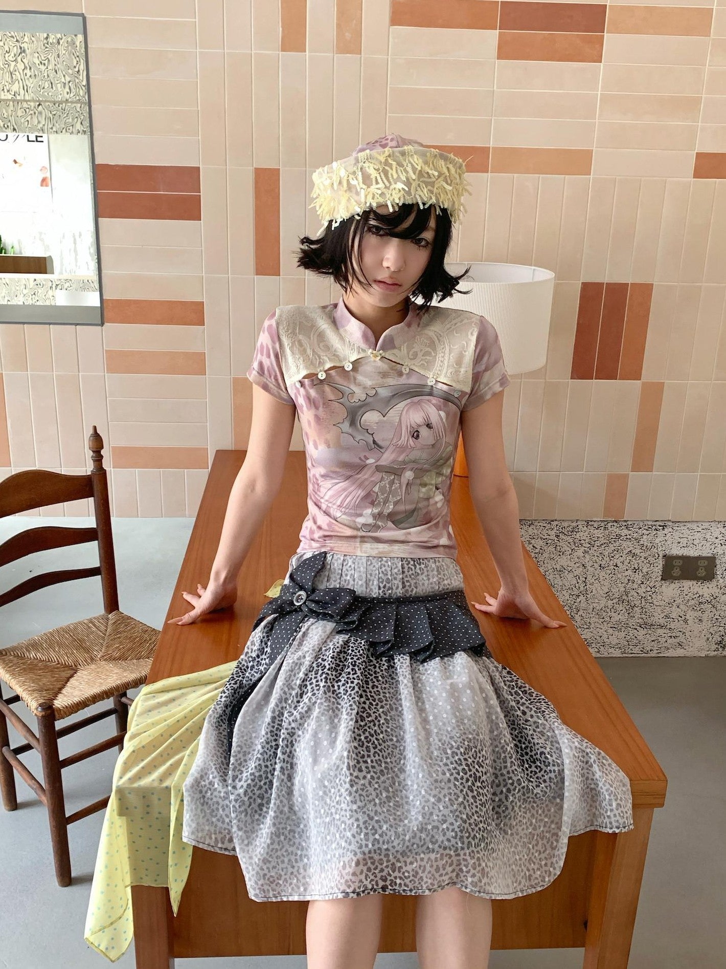 4RE1GN Pink Death Girl Lace Splice Qipao Collar Women's Polyester Short Sleeve T-shirts