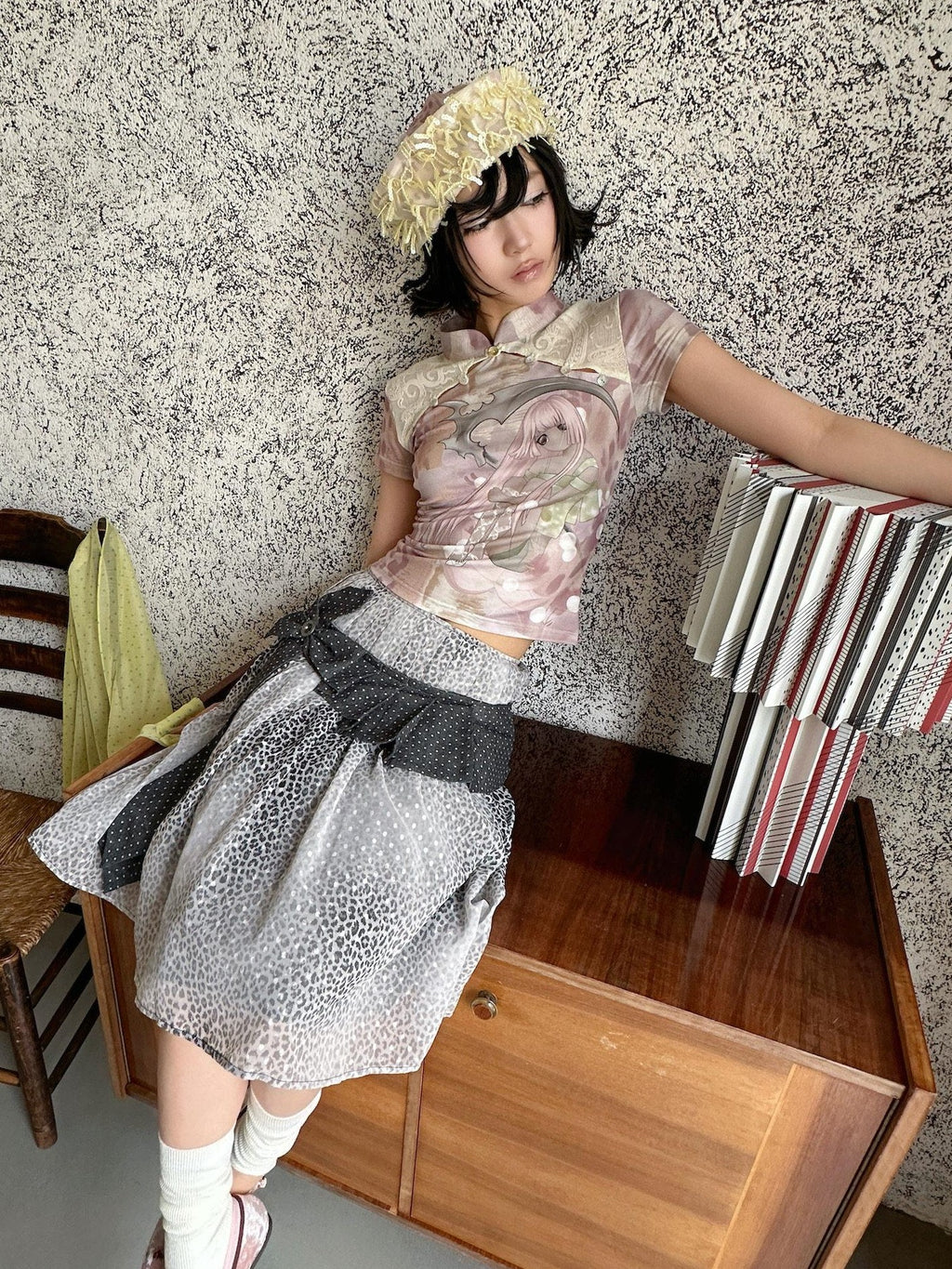 4RE1GN Pink Death Girl Lace Splice Qipao Collar Women's Polyester Short Sleeve T-shirts