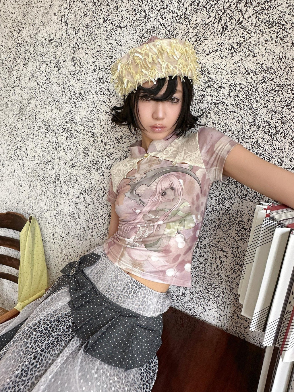 4RE1GN Pink Death Girl Lace Splice Qipao Collar Women's Polyester Short Sleeve T-shirts