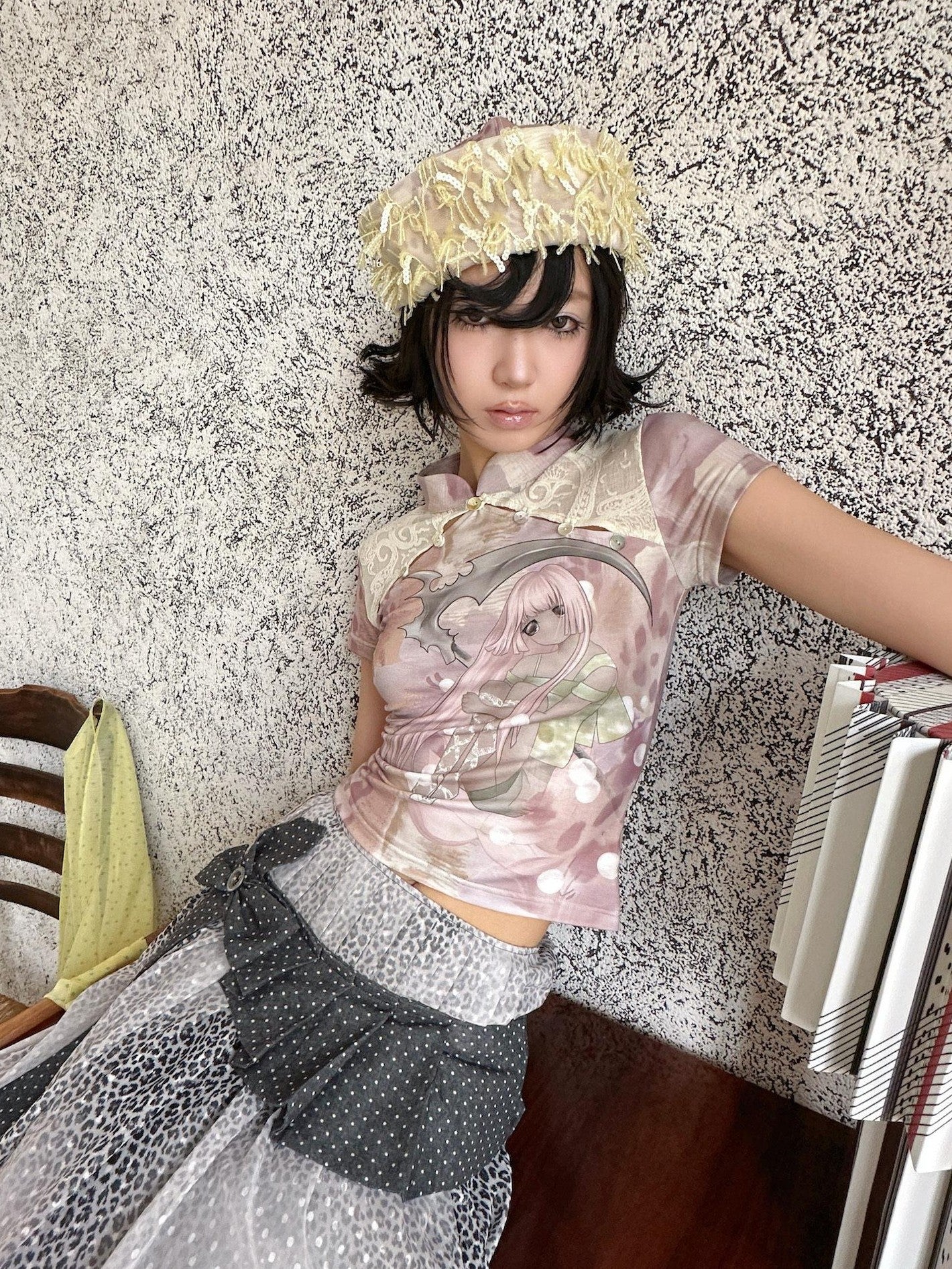 4RE1GN Pink Death Girl Lace Splice Qipao Collar Women's Polyester Short Sleeve T-shirts
